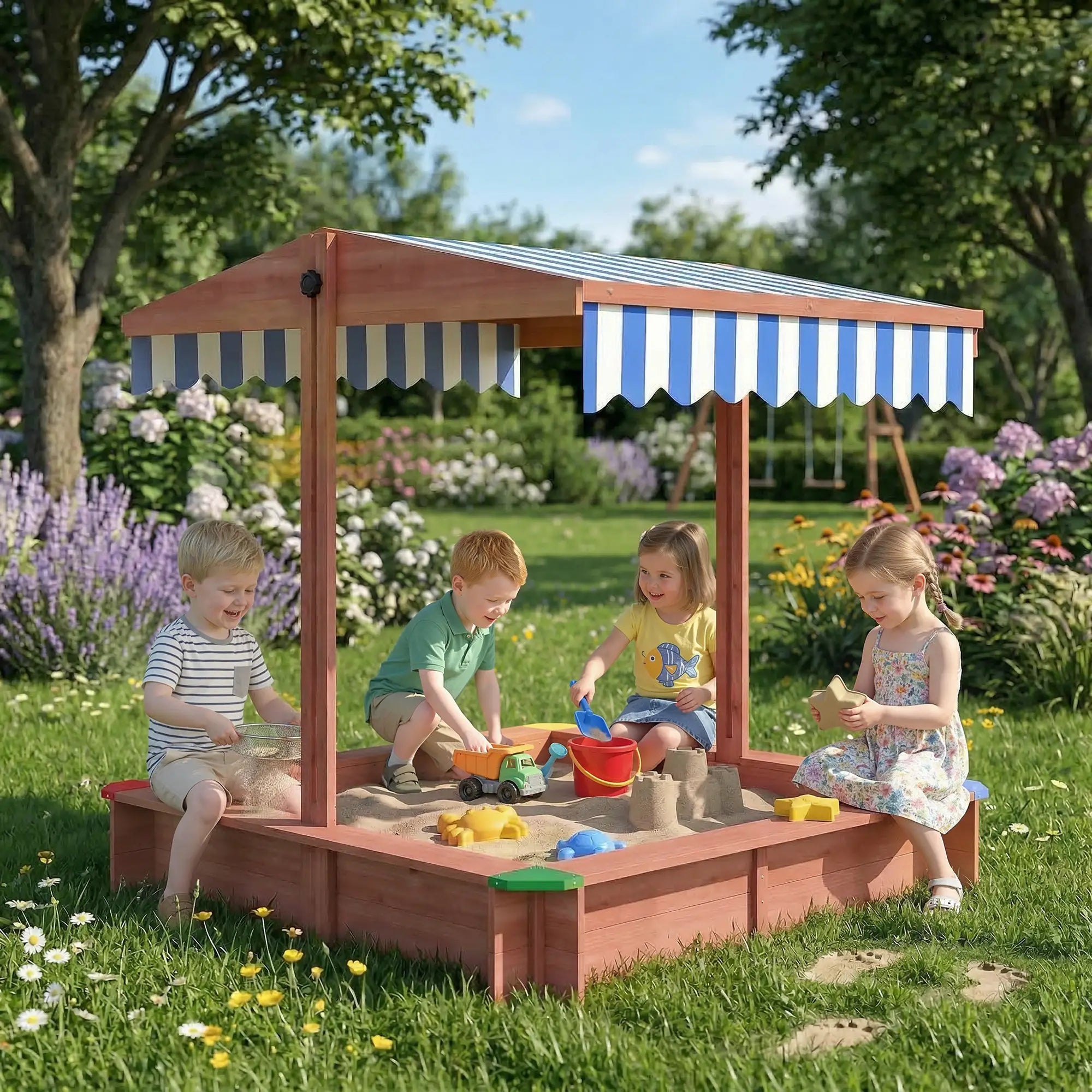 Wooden Sandbox with Cover, Adjustable Canopy, Seats, Dark Brown Sandboxes & Accessories at Gallery Canada
