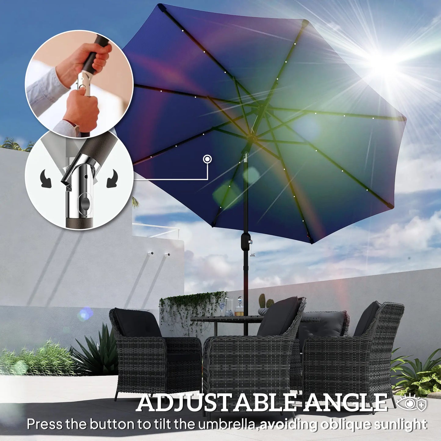 9ft Solar Patio Umbrella, 24 LED Lights, Tilt Canopy, Navy Blue Sun Umbrellas at Gallery Canada