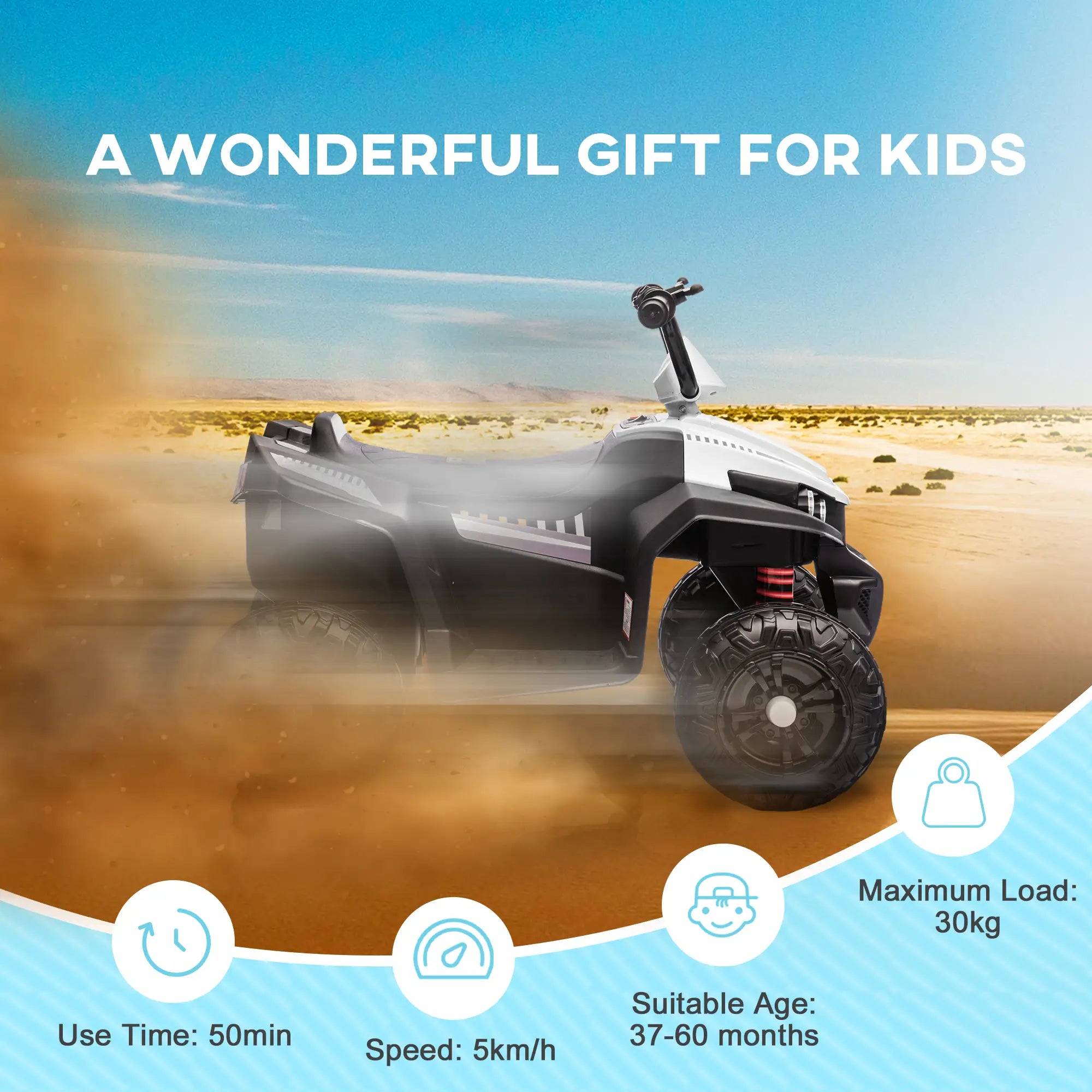 12V Kids ATV, Four Wheels, Spring Suspension, LED Light, MP3, White Electric Ride On Toys at Gallery Canada