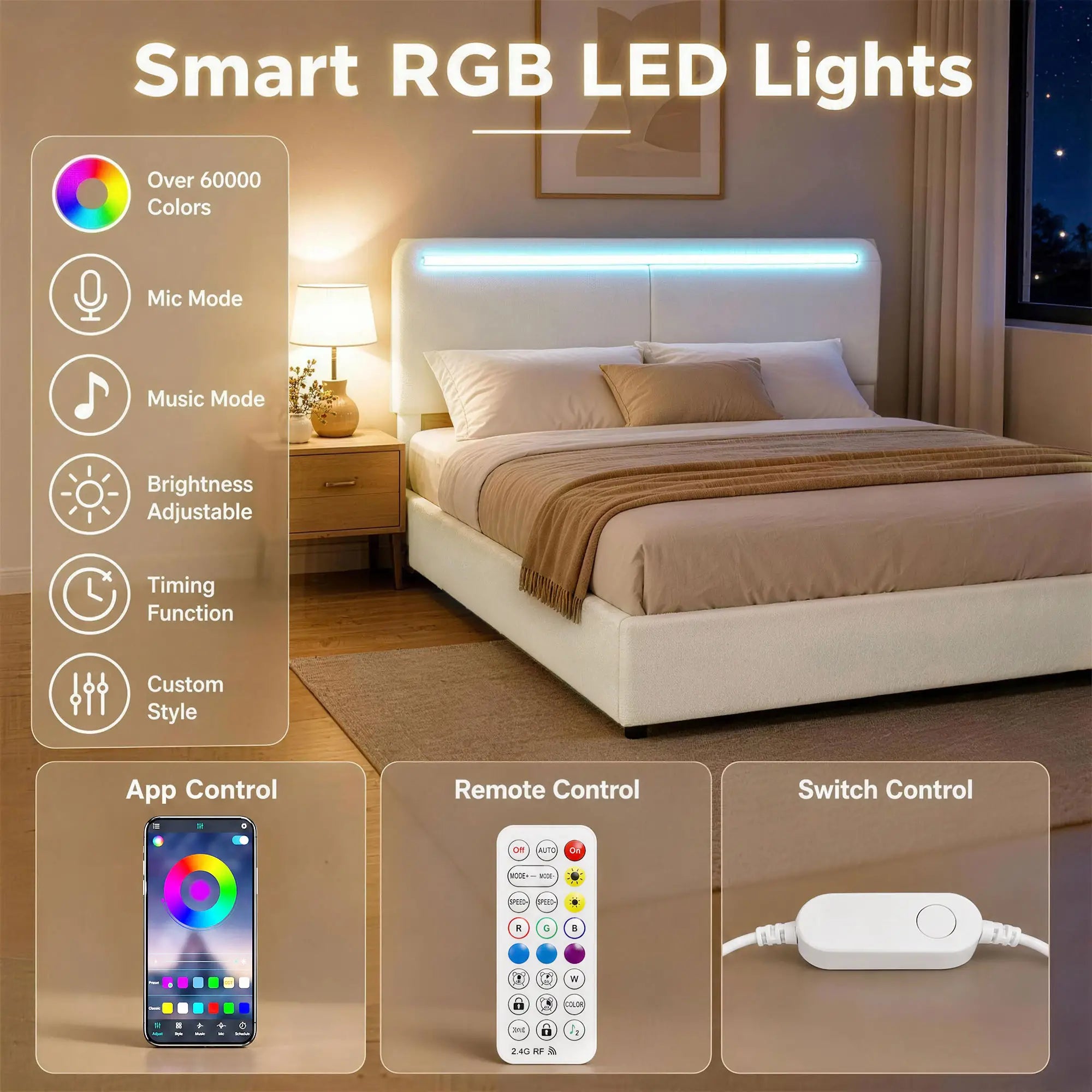 Queen Bed Frame with Charging Station, LED Lights, Adjustable Headboard, White Bed Frames at Gallery Canada