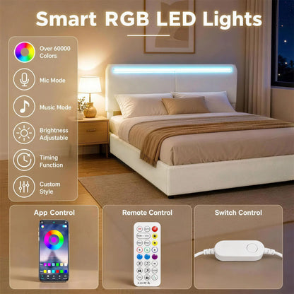 Queen Bed Frame with Charging Station, LED Lights, Adjustable Headboard, White Bed Frames at Gallery Canada