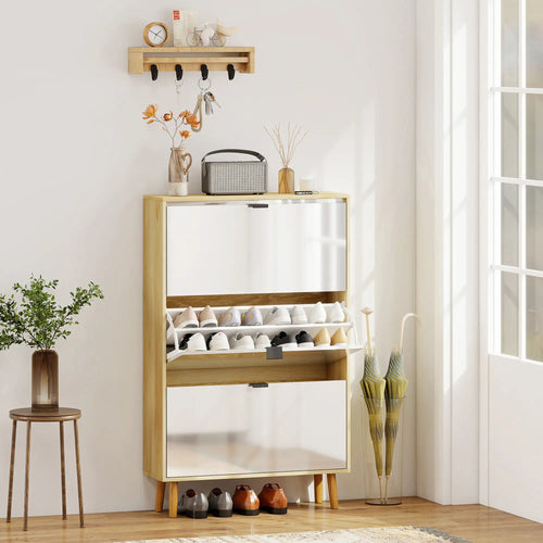 Narrow Shoe Cabinet, 3 Flip Drawers, Adjustable Shelves, Holds 24 Pairs, White