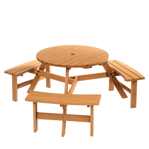 6 Person Round Picnic Table, Wood Patio Set with Umbrella Hole, Brown