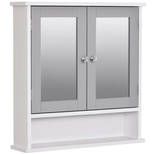 Wall-Mounted Medicine Cabinet, Double Doors, Open Shelf, Adjustable, White and Grey