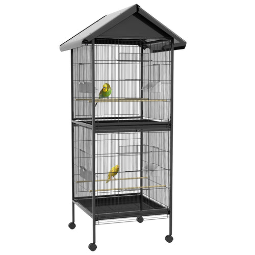 Wrought Metal Bird Cage Feeder with Rolling Stand Perches Food Containers Doors Wheels 67