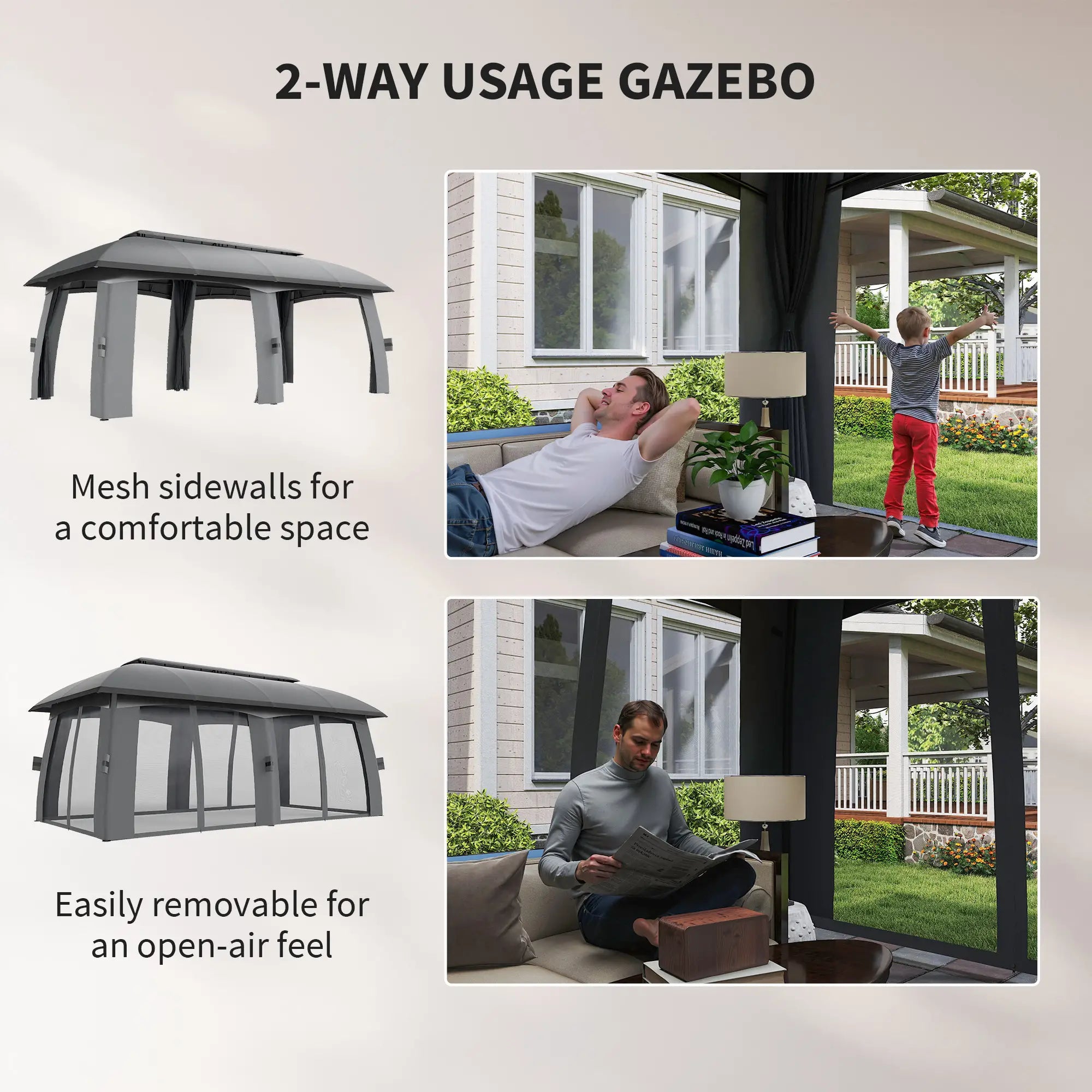 10' x 20' Outdoor Gazebo, Garden Canopy Shelter with Netting, Dark Grey Gazebos at Gallery Canada