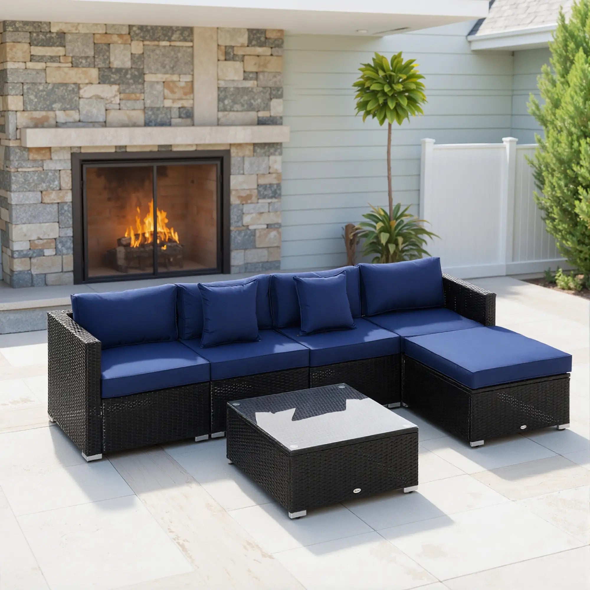 6-Piece Outdoor PE Rattan Sofa Set, Thick Cushions, Glass Top Table, Dark Blue, Black Patio Furniture Sets at Gallery Canada