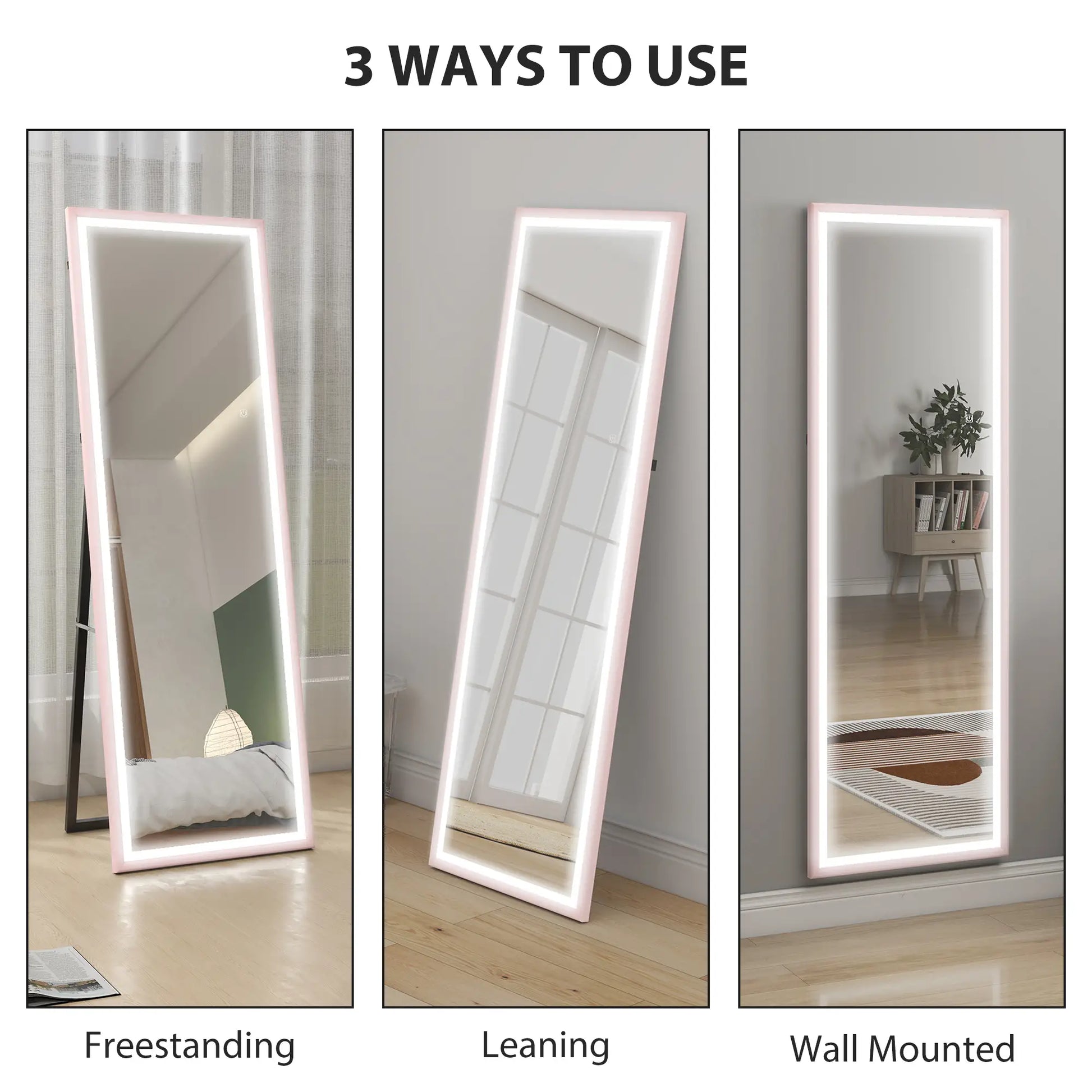 LED Mirror, Dimmable 3 Color Lights, 64" x 21" Rectangular, Pink Full Length Mirrors at Gallery Canada