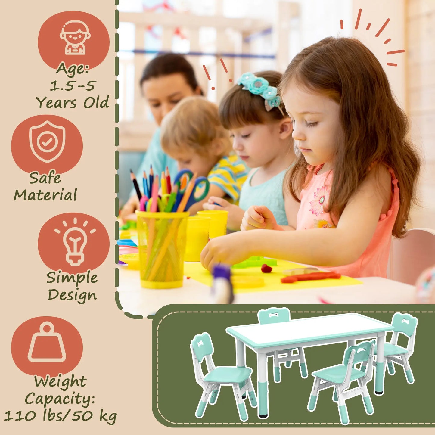 Kids Table and Chair Set, 4 Chairs, Adjustable Height, 1.5 - 5 Years, Green Kids Table Sets at Gallery Canada