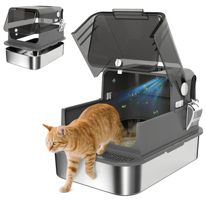 Bac à litière pour chat en acier inoxydable XXL, fermé, côtés hauts, noir
