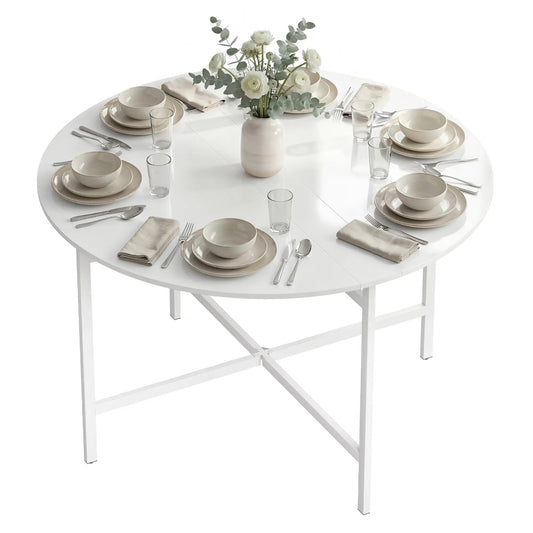 47" Round Drop Leaf Dining Table, Steel Frame, For 3-6 People, White Dining Tables White at Gallery Canada