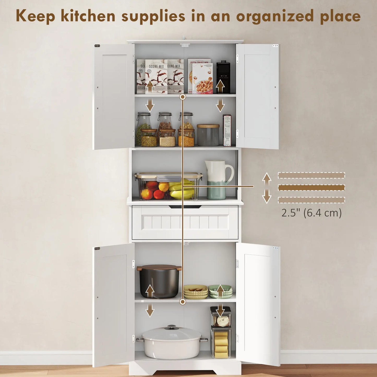 68" Tall Kitchen Buffet Hutch, 4 Doors, Drawer, Open Counter, White Kitchen Pantry Cabinets at Gallery Canada