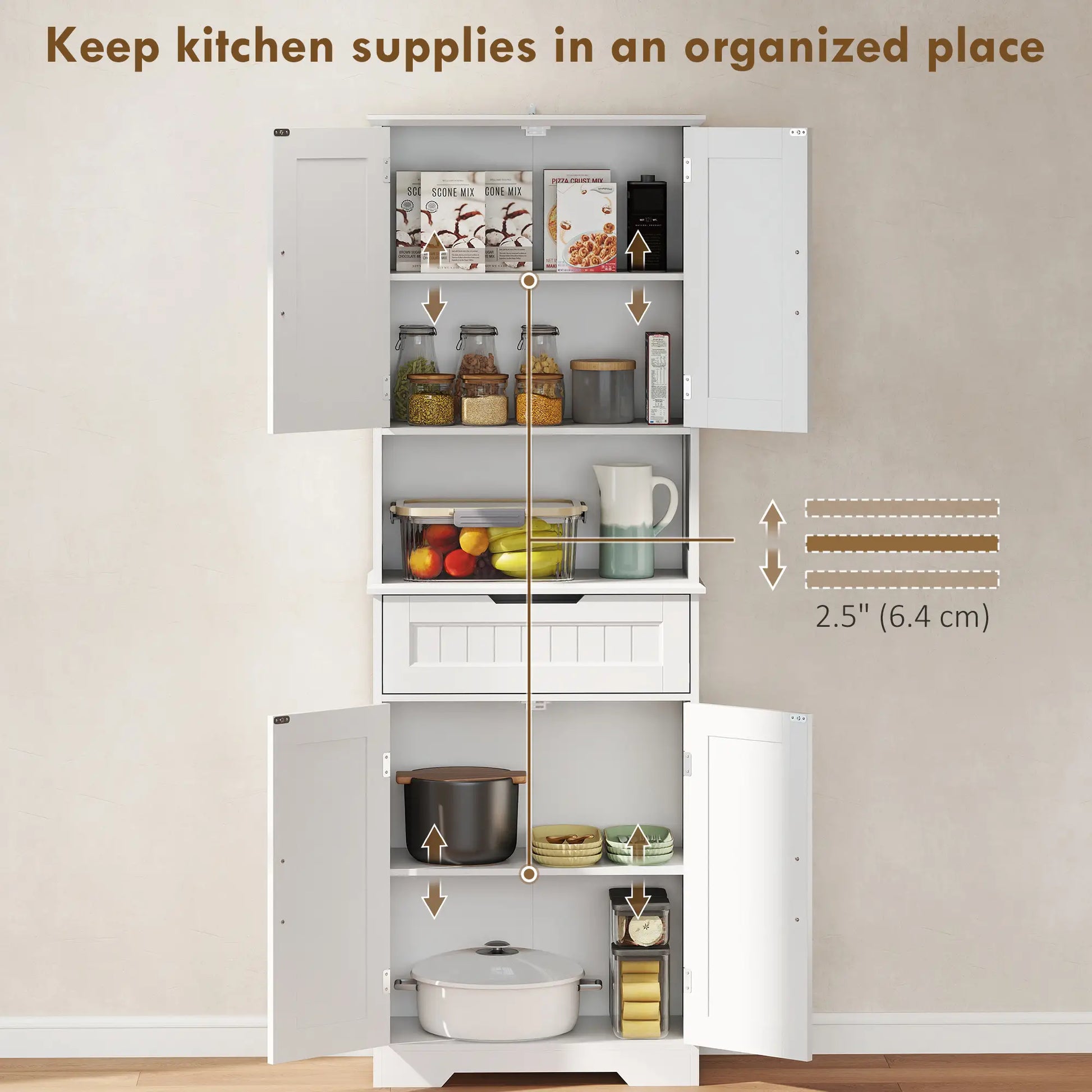 68" Tall Kitchen Buffet Hutch, 4 Doors, Drawer, Open Counter, White Kitchen Pantry Cabinets at Gallery Canada