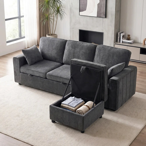 Modular Sectional Sofa Bed With Reversible Ottoman, Dark Grey