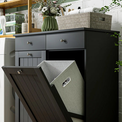 Laundry Cabinet, Tilt Out Hamper with 2 Baskets, 2 Drawers, Black Bathroom Cabinets at Gallery Canada
