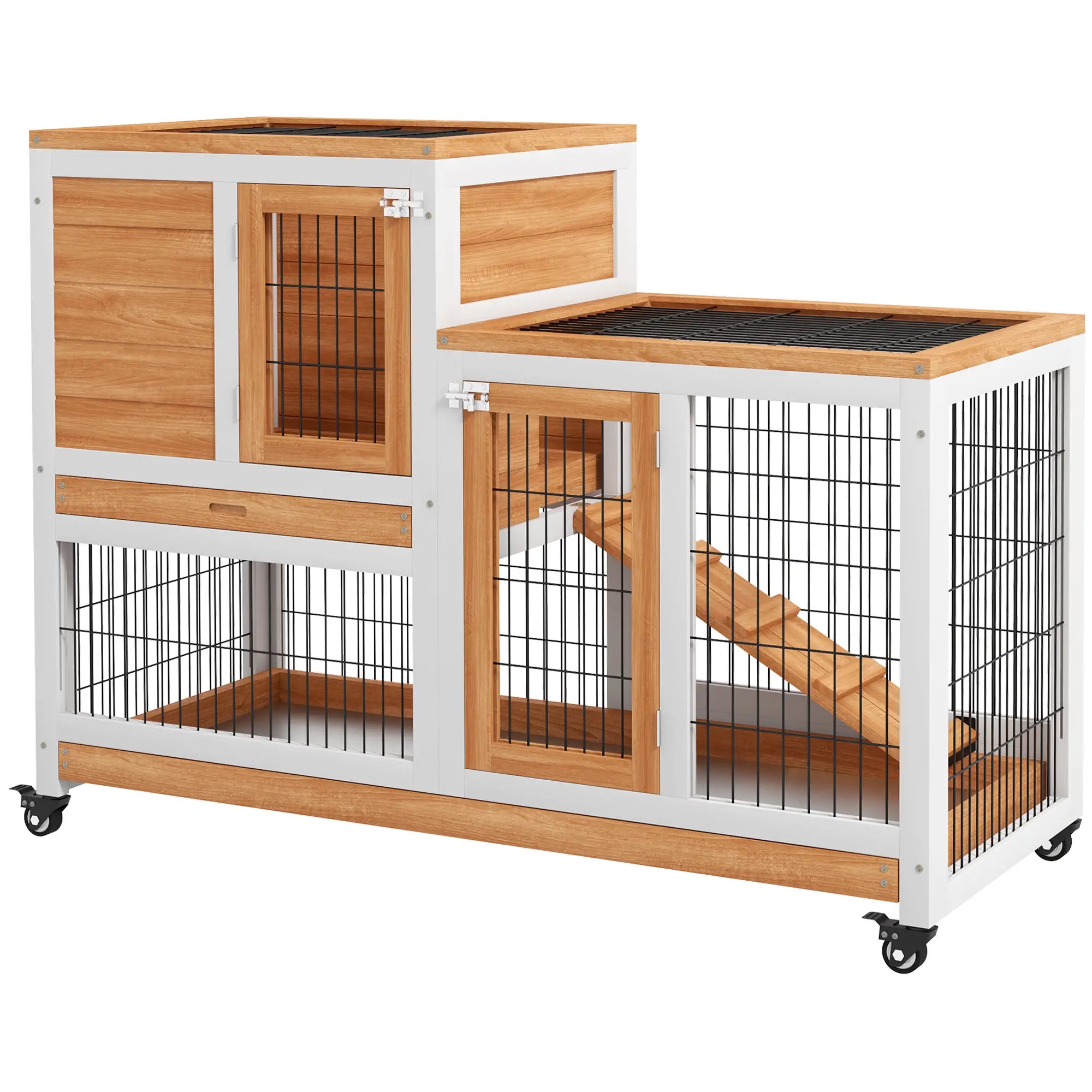Wooden Rabbit Hutch, Indoor Bunny Cage with Wheels, Pull Out Trays, Yellow Rabbit Hutch Yellow and White at Gallery Canada