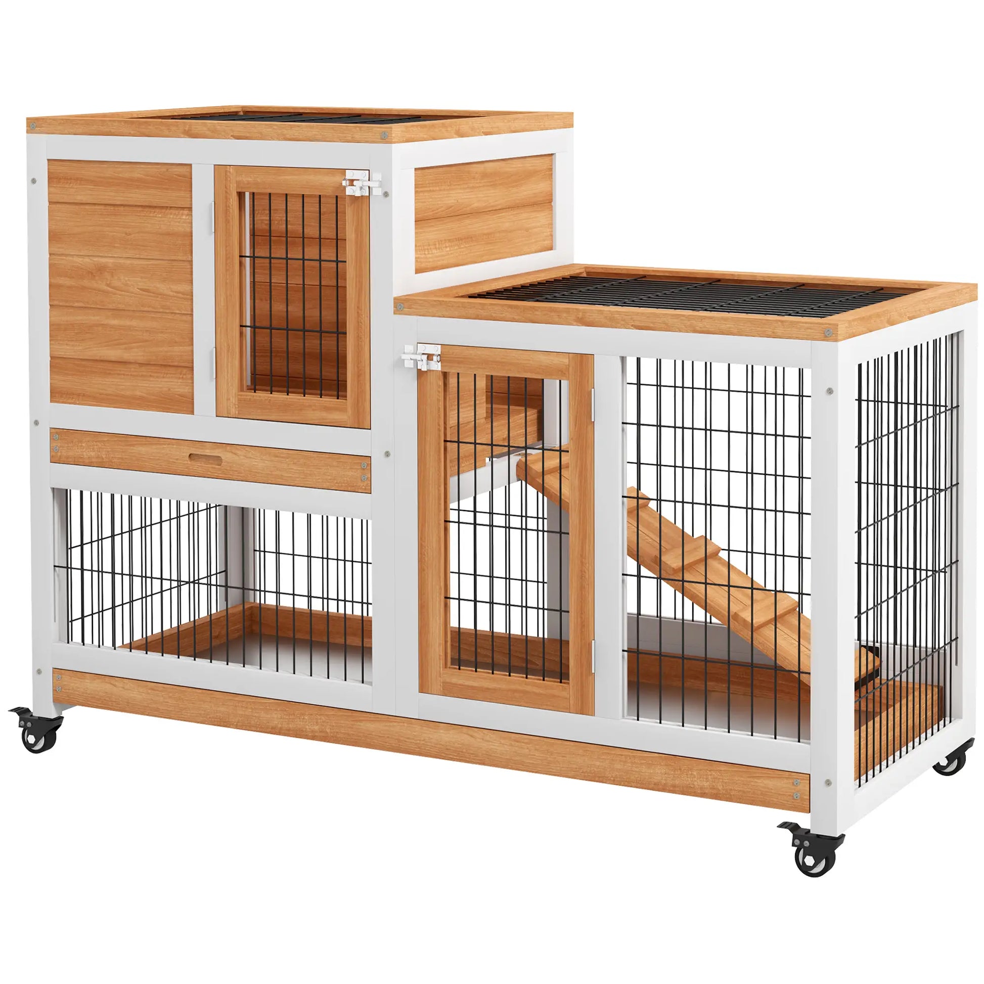 Wooden Rabbit Hutch, Indoor Bunny Cage with Wheels, Pull Out Trays, Yellow Rabbit Hutch Yellow and White at Gallery Canada
