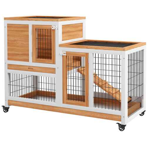 Wooden Rabbit Hutch, Indoor Bunny Cage with Wheels, Pull Out Trays, Yellow