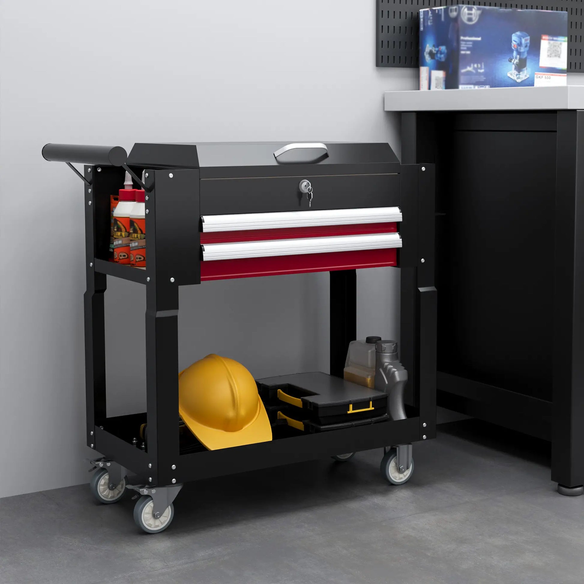 Tool Cart on Wheels, 2 Drawers, Lockable Flip Top, Black Tool Organizers at Gallery Canada
