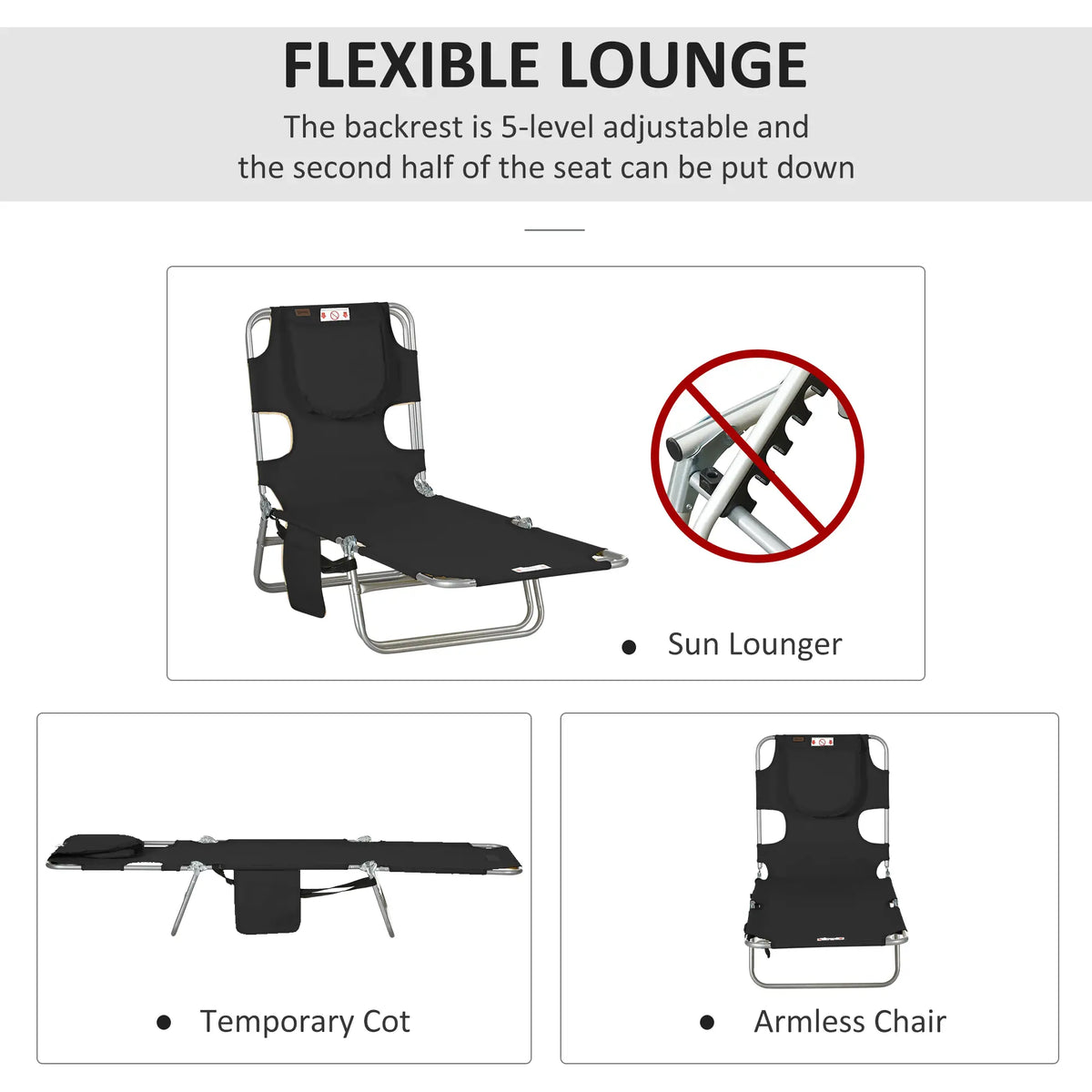 Folding Outdoor Lounge Chair, 5-Level Tanning Chair, Black Lounger Chairs at Gallery Canada