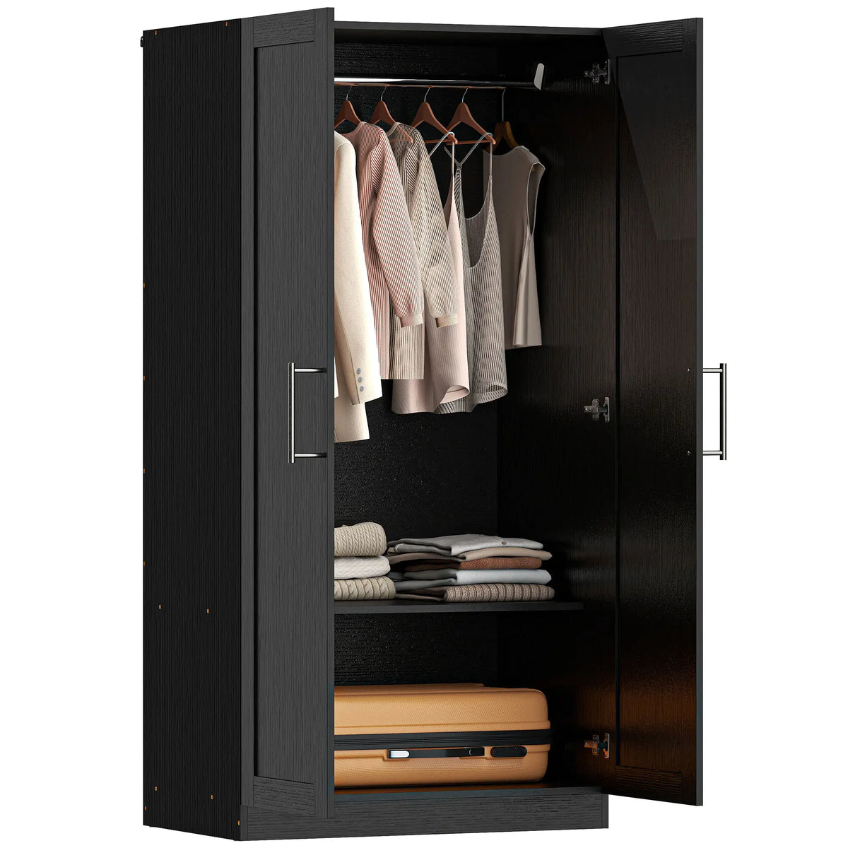 Modern Armoire Wardrobe Cabinet, 2 Doors With Hanging Rod, Black Wood Effect, Black