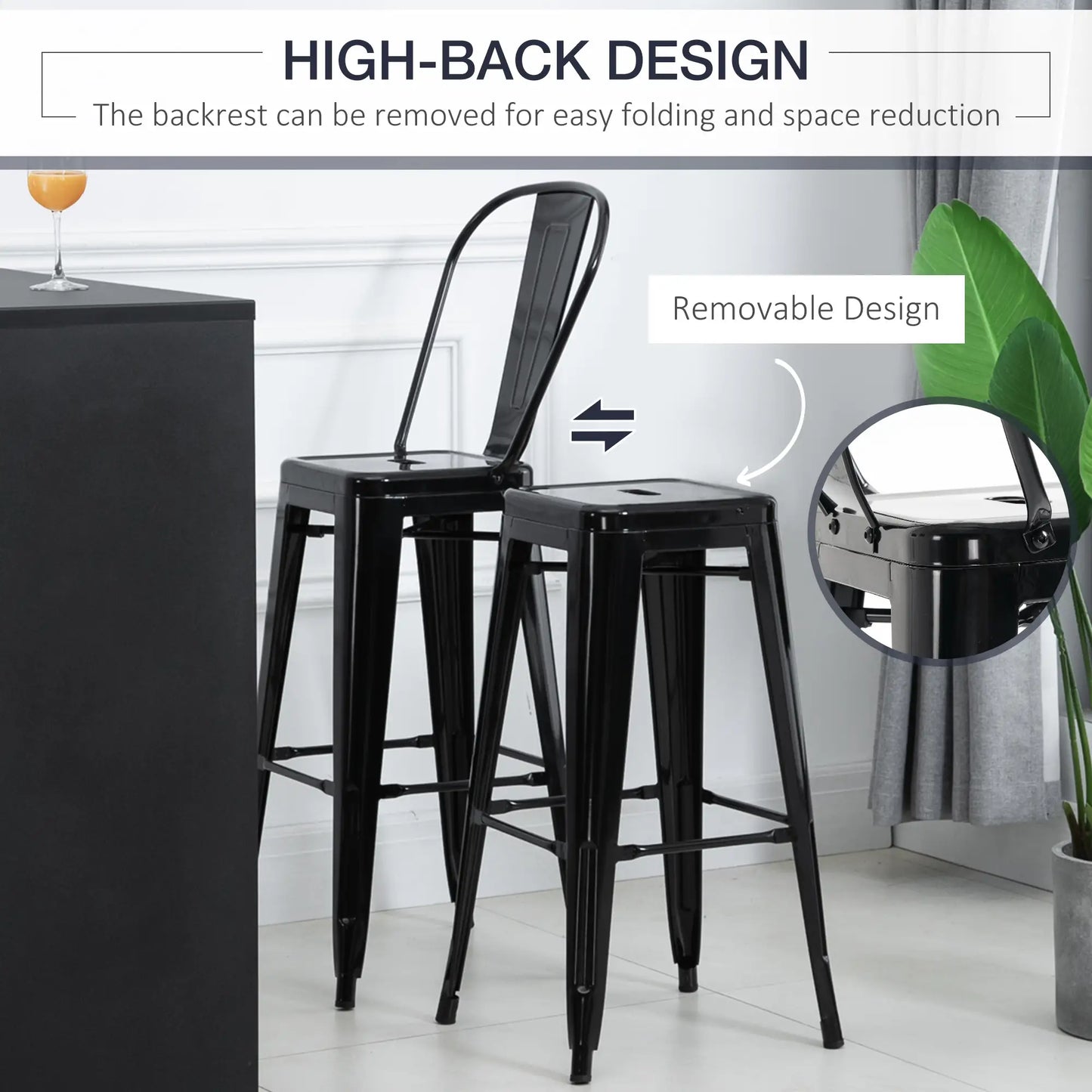 Set of 4 Bar Stools, Industrial Kitchen, Metal Frame, Black Bar Stools at Gallery Canada