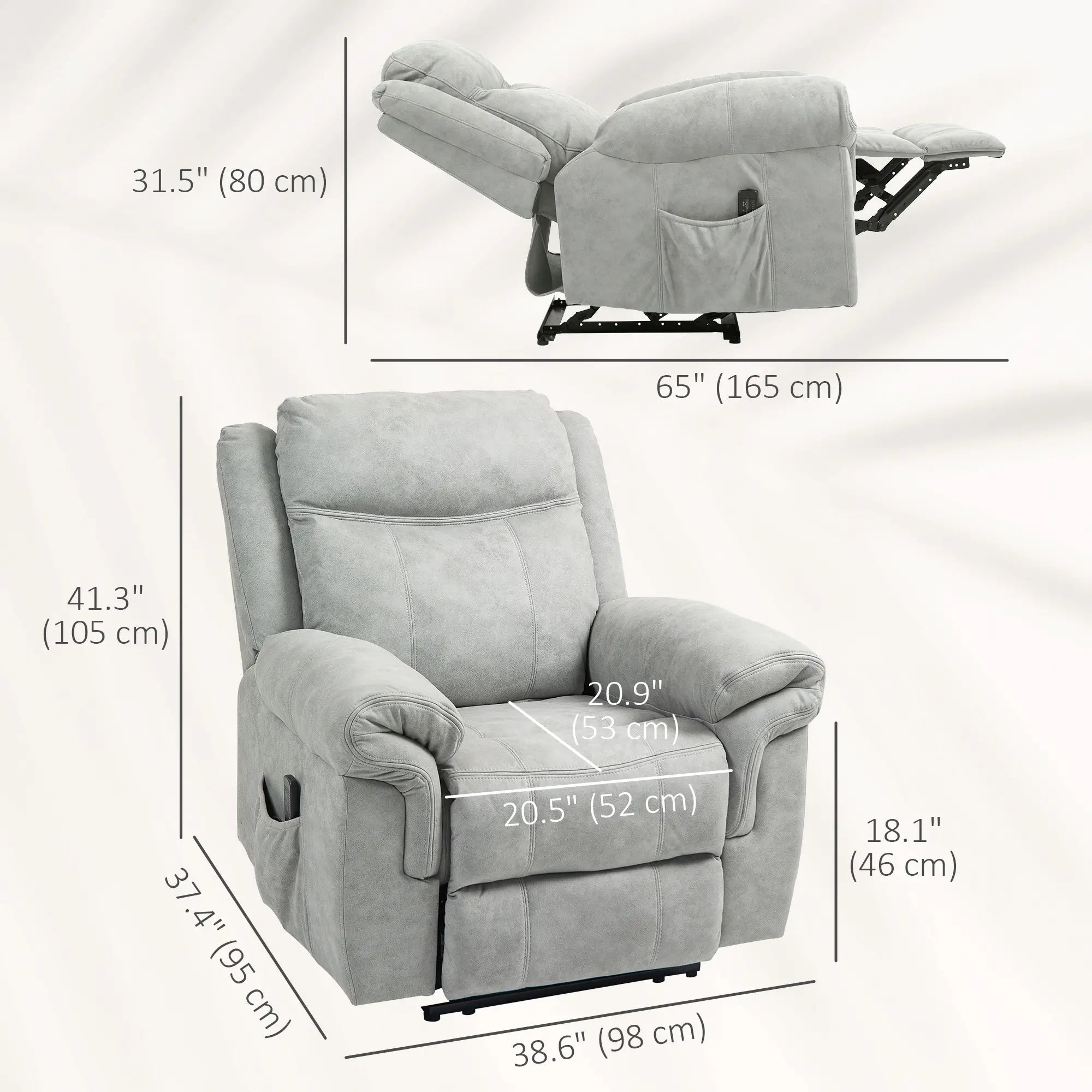 Manual Recliner Chair with Vibration Massage, Side Pockets, Microfibre Reclining Chair for Living Room, Grey Sofas & Reclining Chairs at Gallery Canada