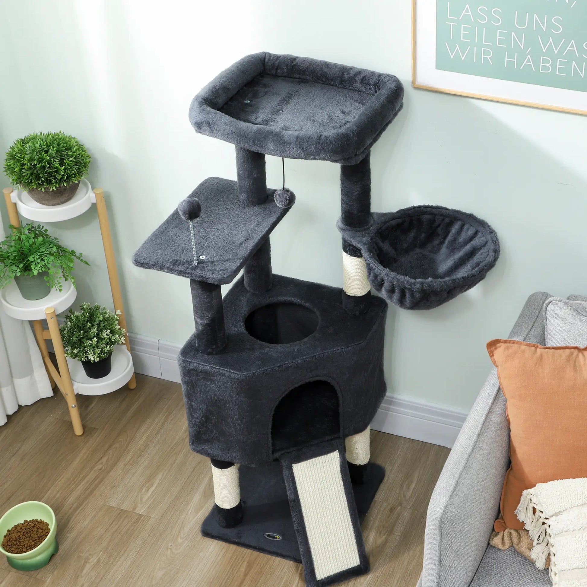 47 Inch Cat Tree, Condo, Bed, Scratching Posts, Hammock, Dark Grey Cat Trees at Gallery Canada