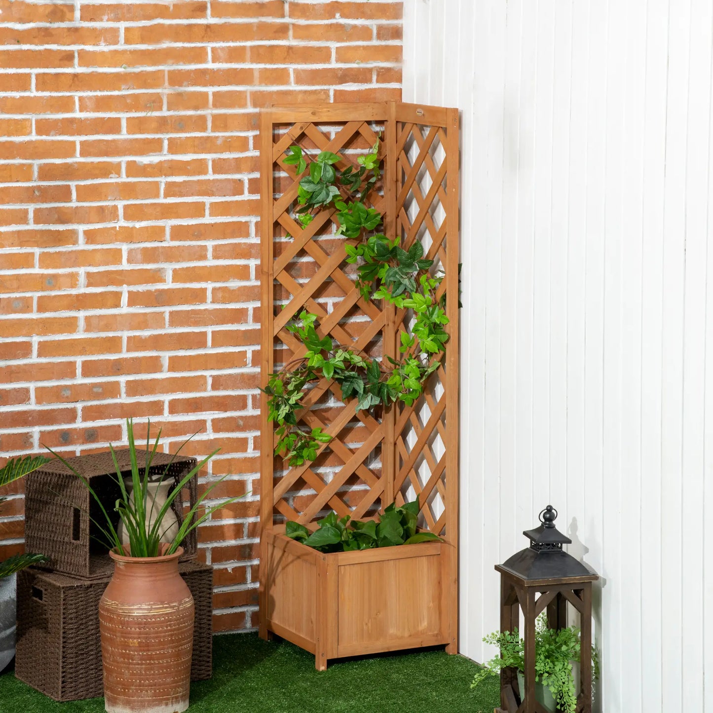 Wood Planter Raised Garden Bed With Trellis, 16" x 16" x 57", Brown Wooden Planter Boxes at Gallery Canada