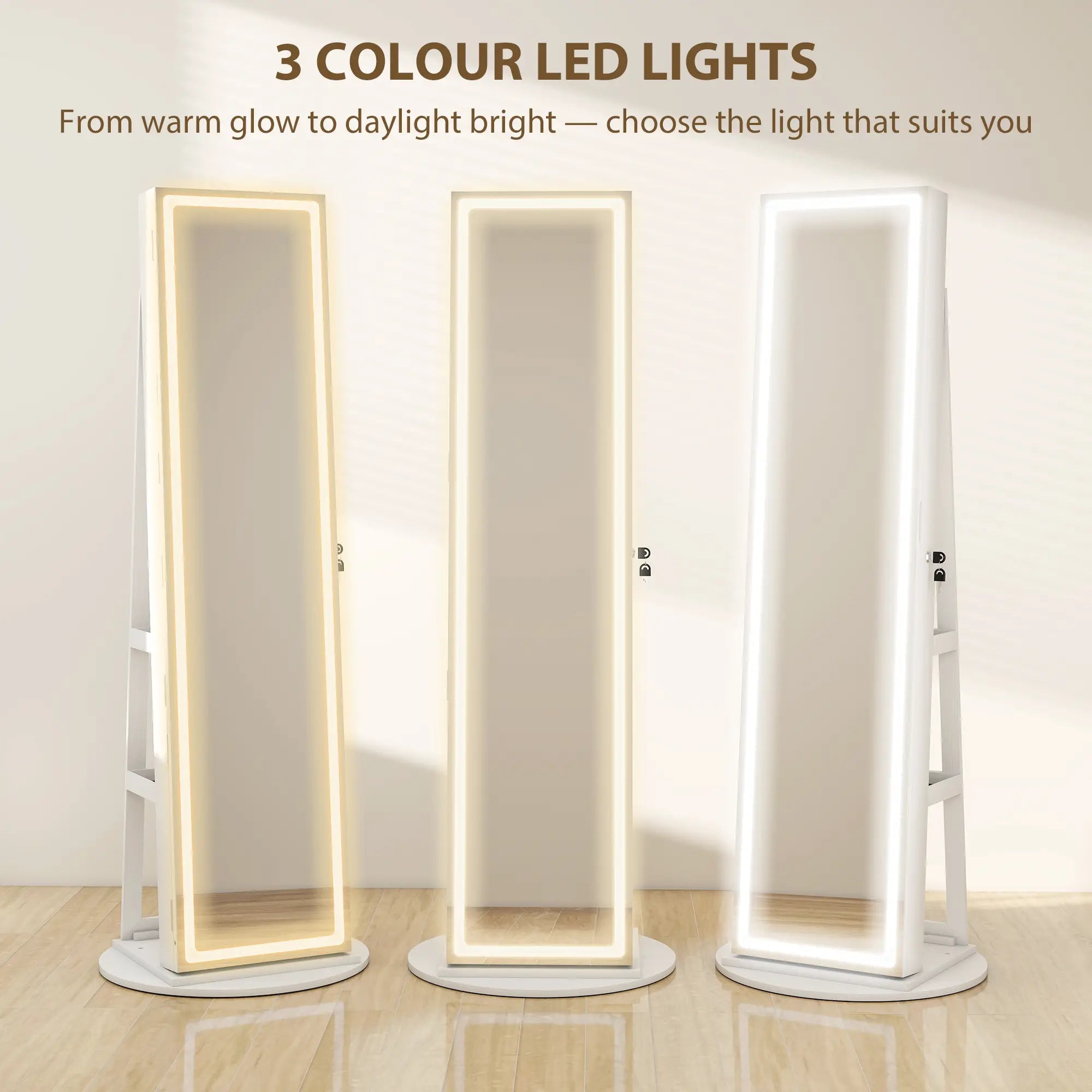 360° Swivel Jewelry Cabinet, Full Length Mirror, Lockable, LED Lights, White Jewelry Armoire & Jewellery Mirror Cabinets at Gallery Canada