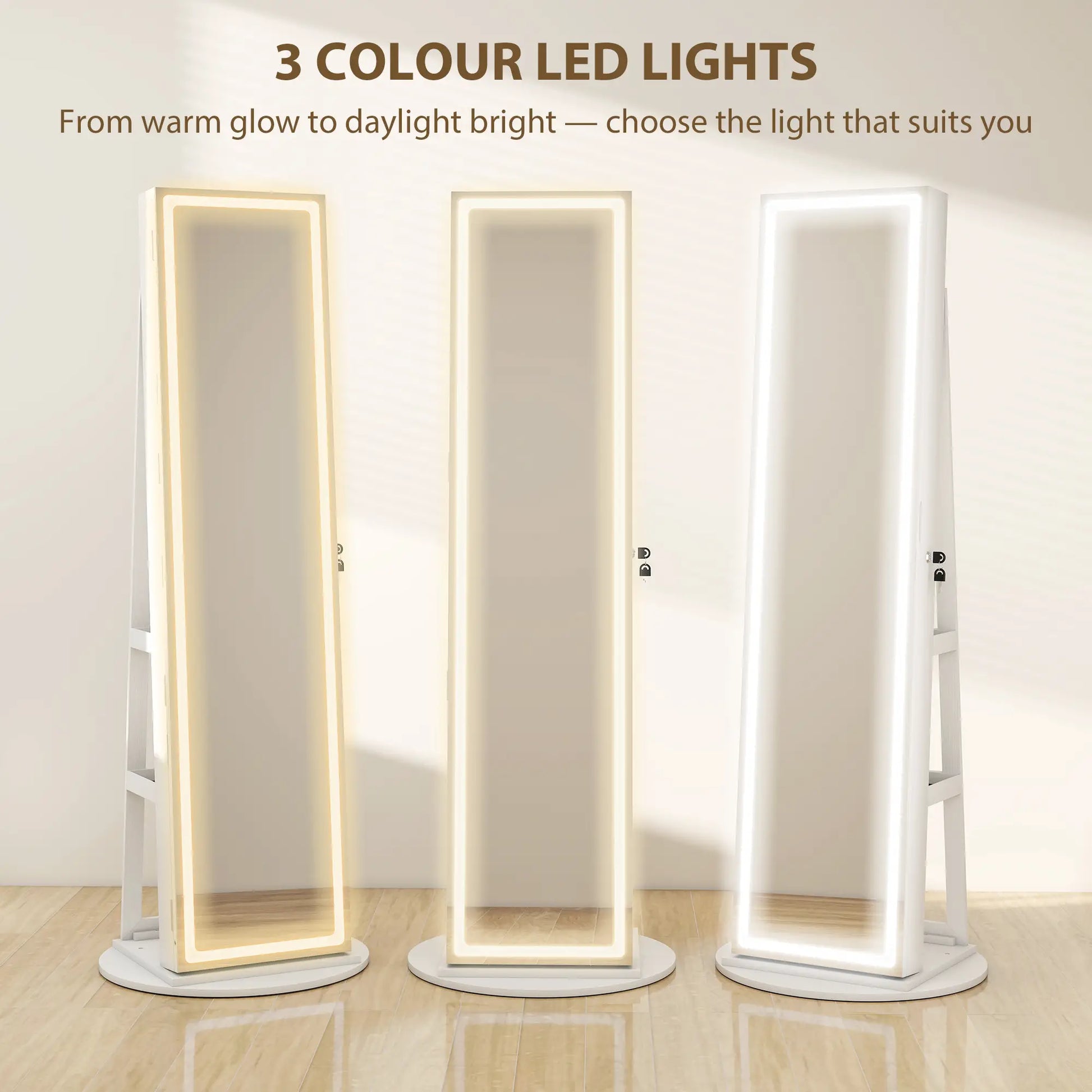 360° Swivel Jewelry Cabinet, Full Length Mirror, Lockable, LED Lights, White Jewelry Armoire & Jewellery Mirror Cabinets at Gallery Canada