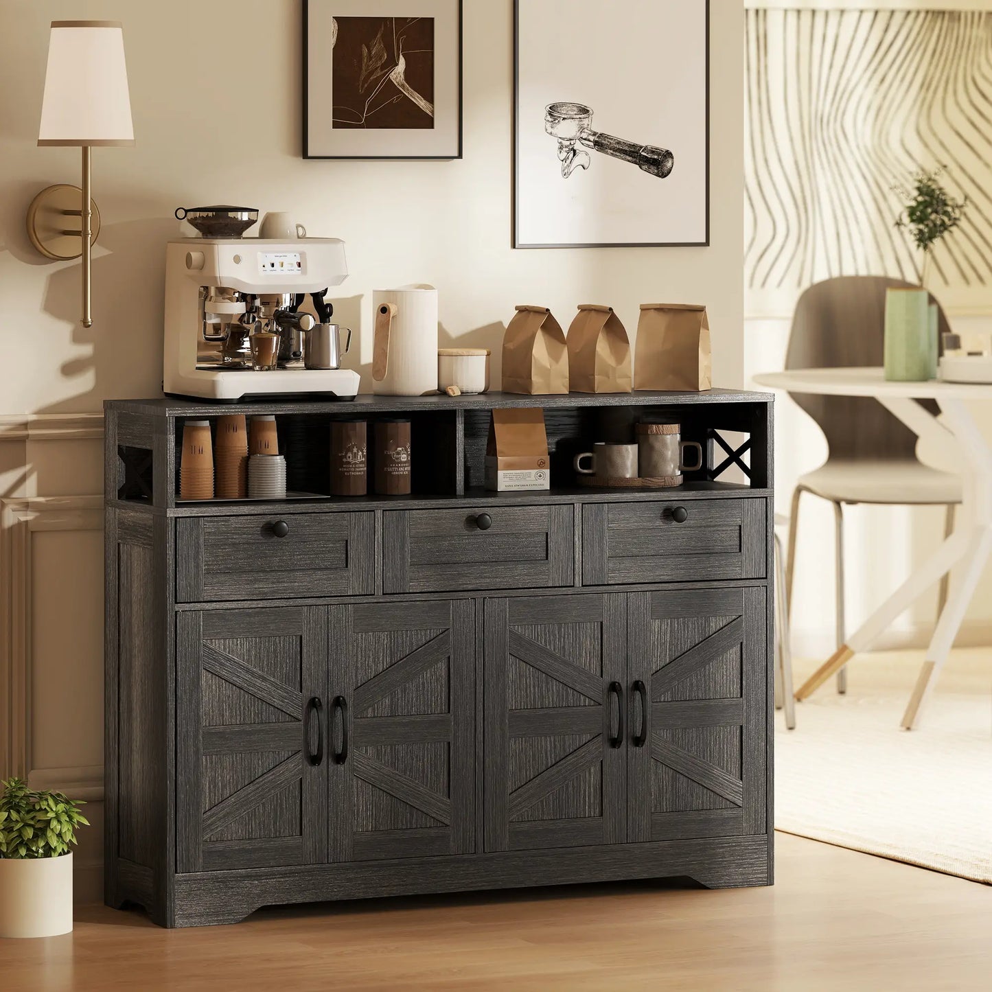 Sideboard Buffet Cabinet, 4 Barn Doors 3 Drawers, Coffee Bar, Adjustable Shelves, Dark Brown Bar Cabinets at Gallery Canada