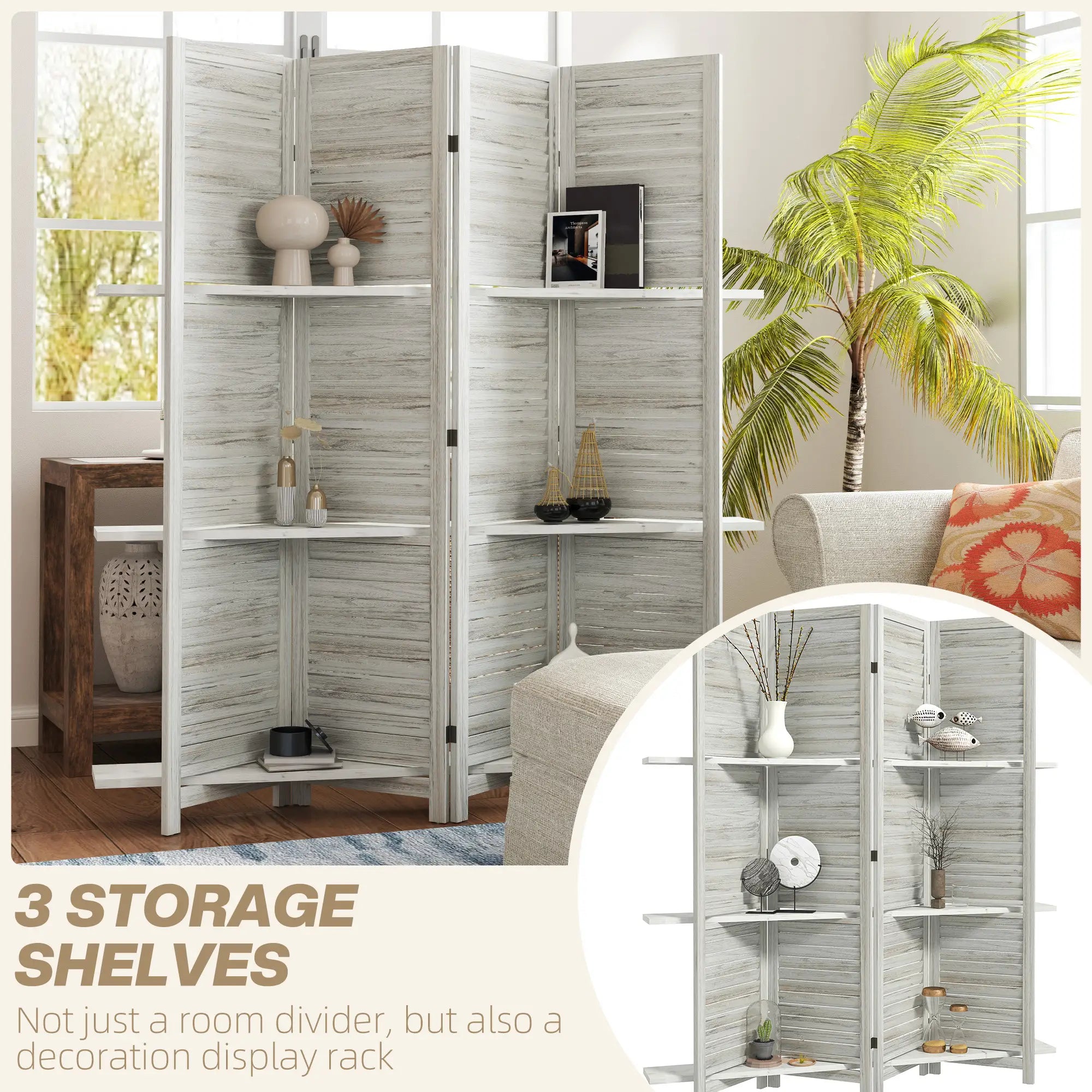 4-Panel Wall Partition, 3 Storage Shelves, Foldable, Wooden Frame, 5.6FT, Distressed White, White Room Dividers at Gallery Canada