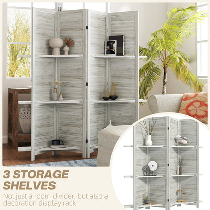 4-Panel Wall Partition, 3 Storage Shelves, Foldable, Wooden Frame, 5.6FT, Distressed White, White Room Dividers at Gallery Canada