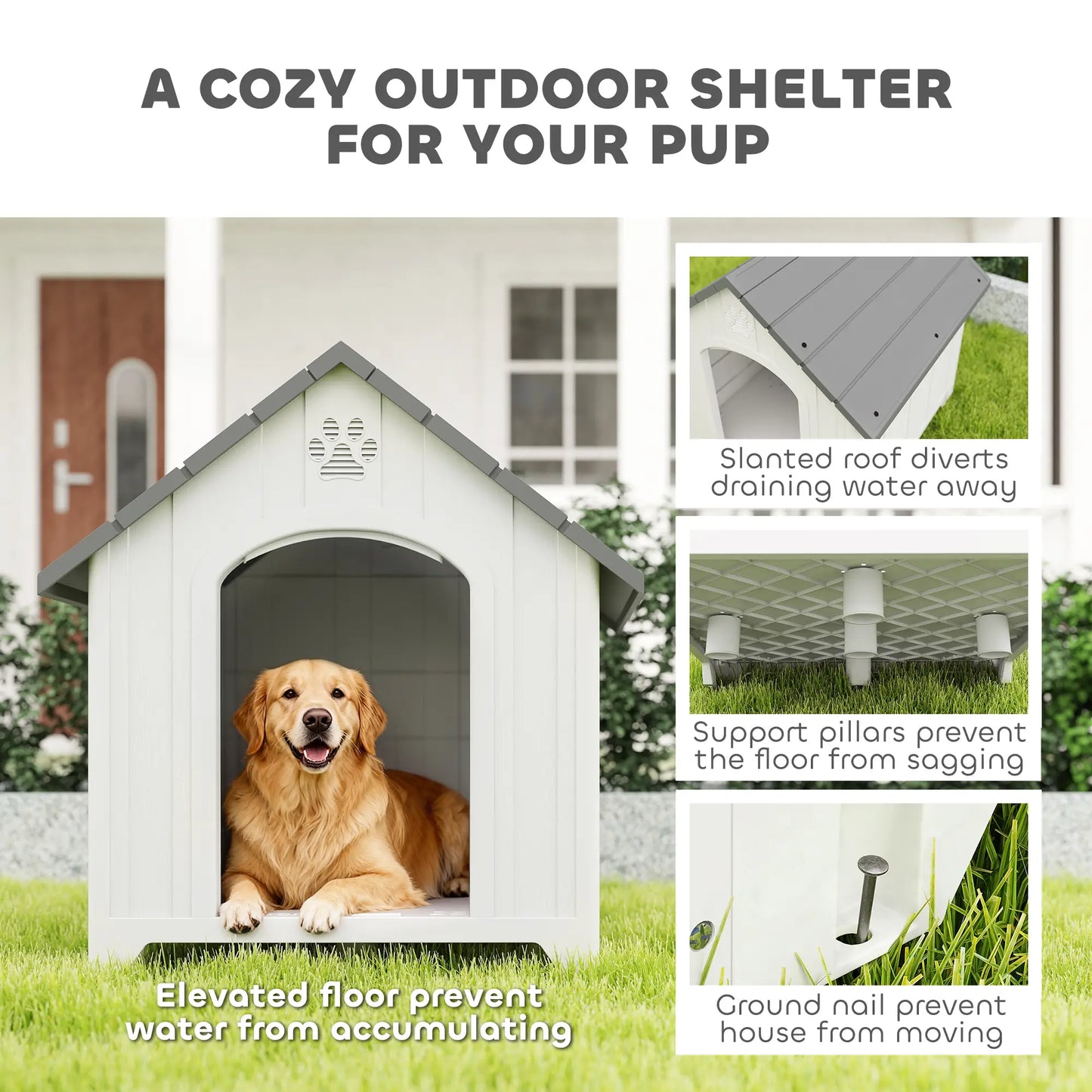 Large Plastic Dog House Outdoor Indoor, Water Resistant Puppy Shelter with Base Support, 34.6" L x 31.1" W x 35" H