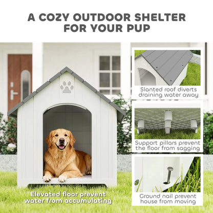 Large Plastic Dog House Outdoor Indoor, Water Resistant Puppy Shelter with Base Support, 34.6" L x 31.1" W x 35" H