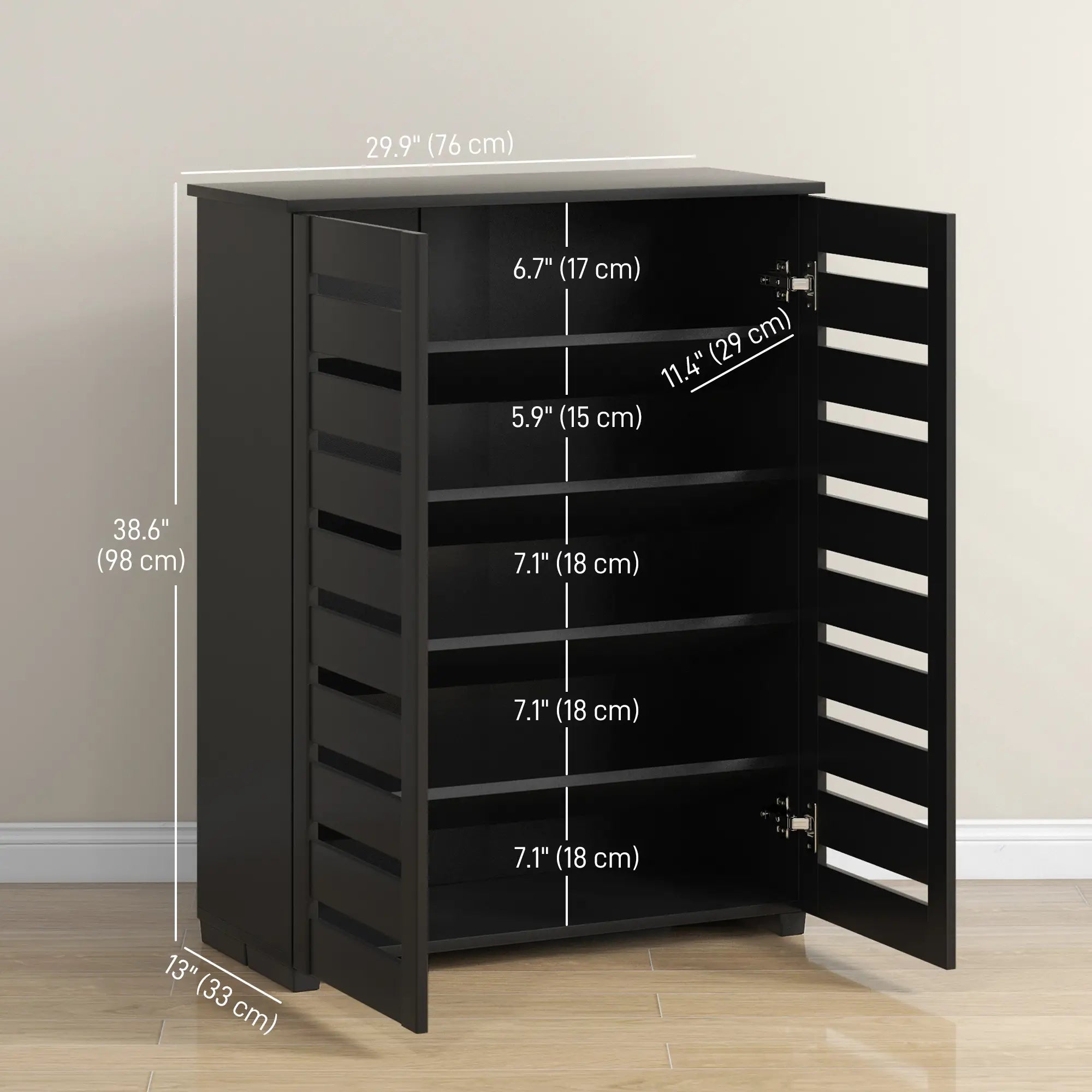 Shoe Storage Cabinet, 2 Slatted Doors, Holds 15 Pairs, Black Shoe Storage Cabinets & Racks at Gallery Canada