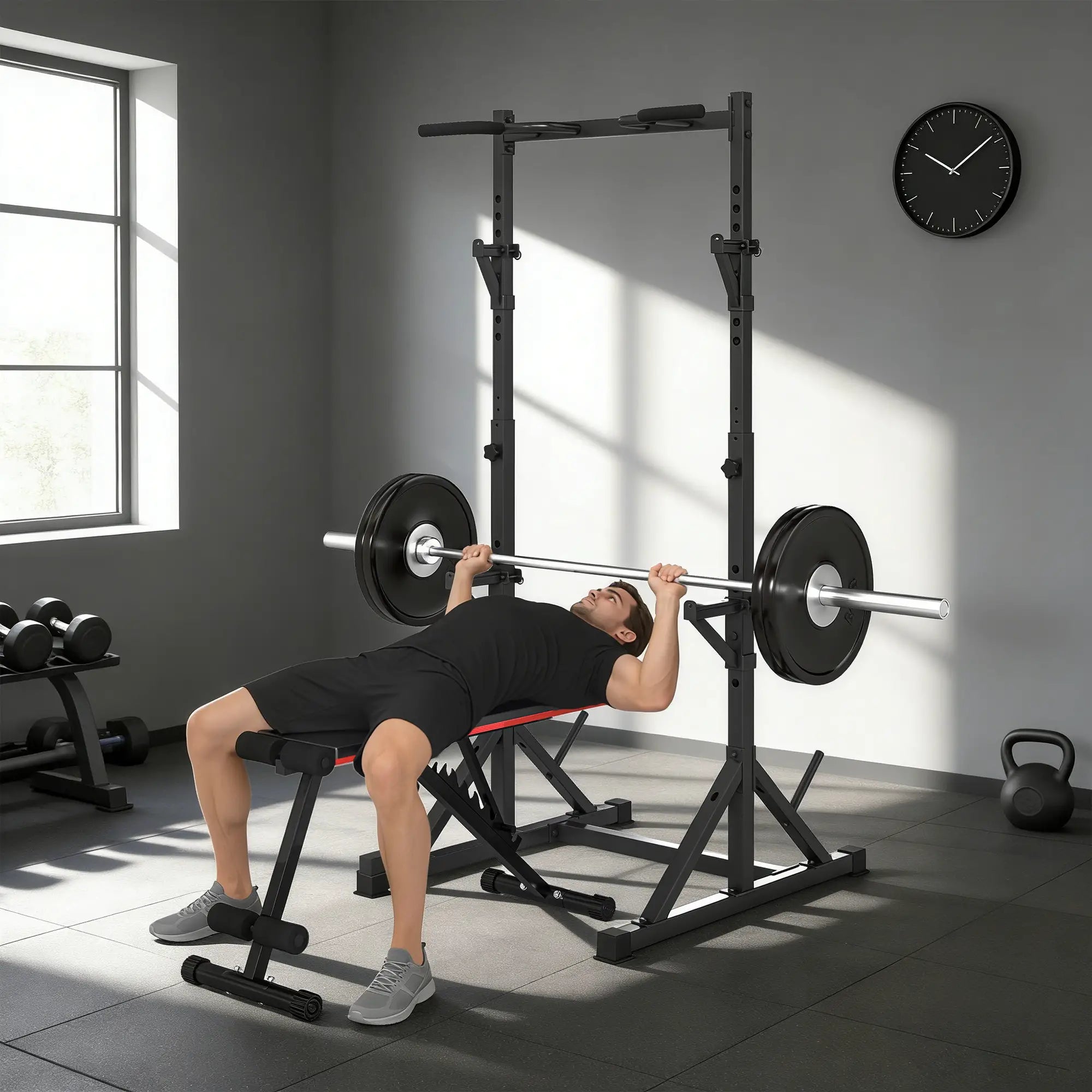 Adjustable Squat Rack, Bench Press Rack With Weight Plate Holders, Black Dumbbells & Barbells at Gallery Canada