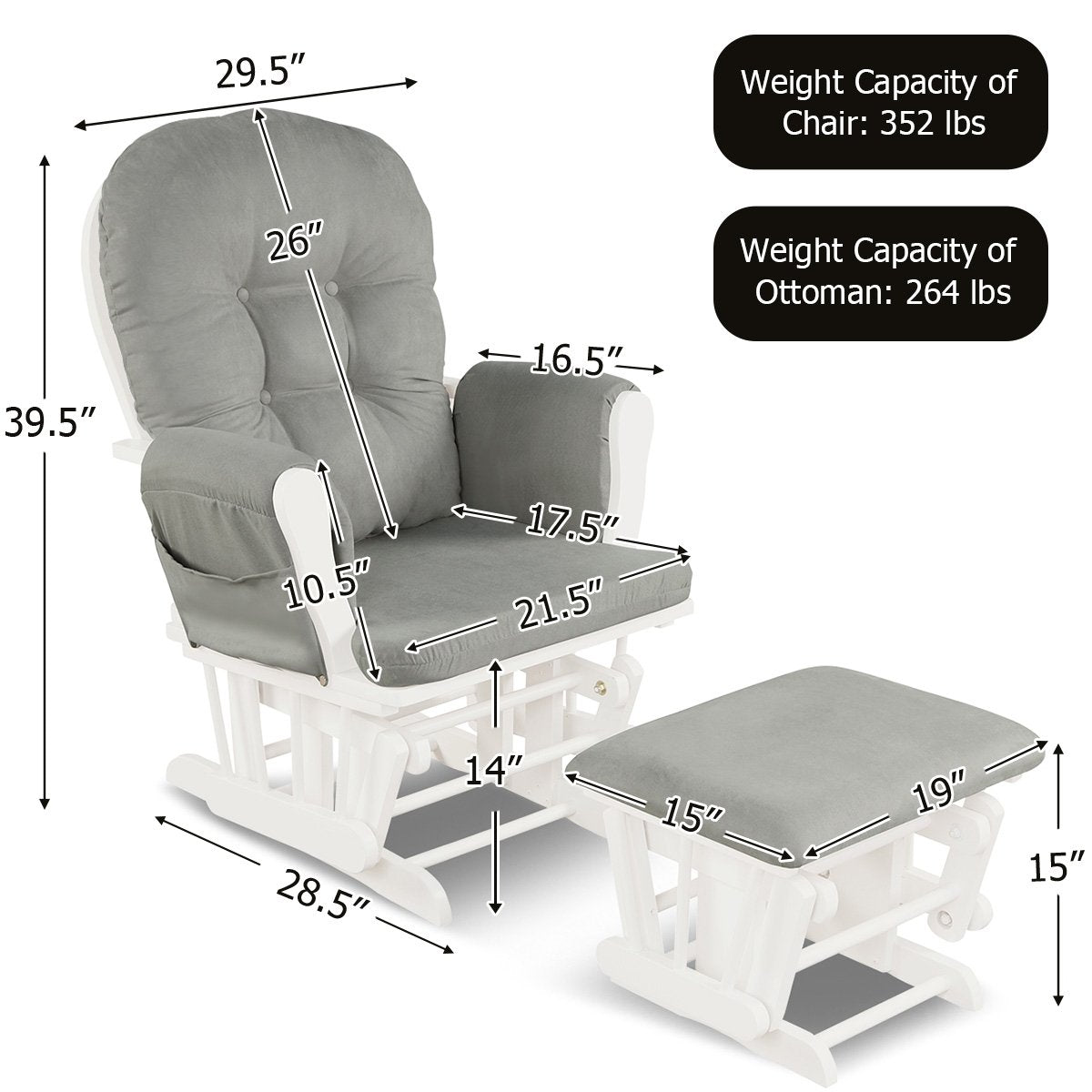 Wood Glider and Ottoman Set with Padded Armrests and Detachable Cushion, Light Gray - Gallery Canada