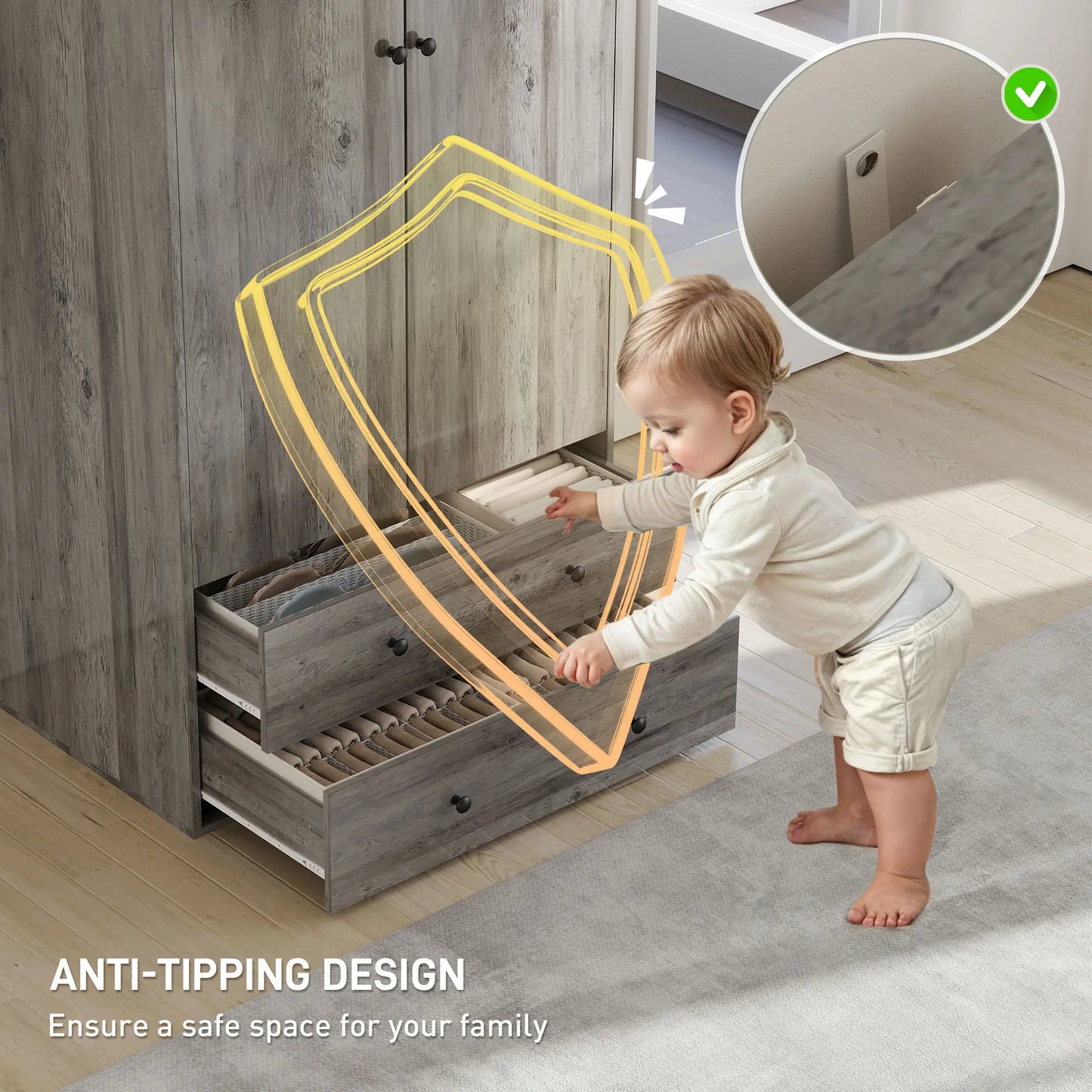 Modern Wardrobe Closet, 2 Drawers, Hanging Rod, Grey Clothing Storage at Gallery Canada