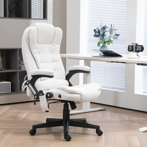 Reclining Massage Office Chair, High Back, Swivel Wheels, White