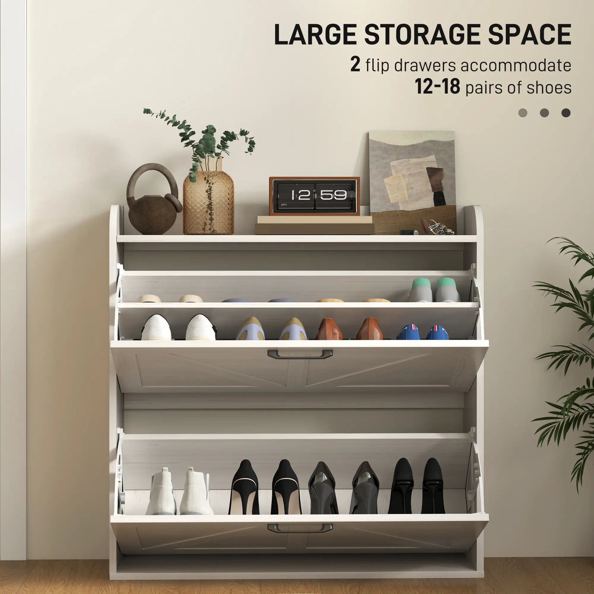 Narrow Shoe Storage Cabinet, 2 Flip Drawers, Adjustable Shelves, White Oak Shoe Storage Cabinets & Racks at Gallery Canada