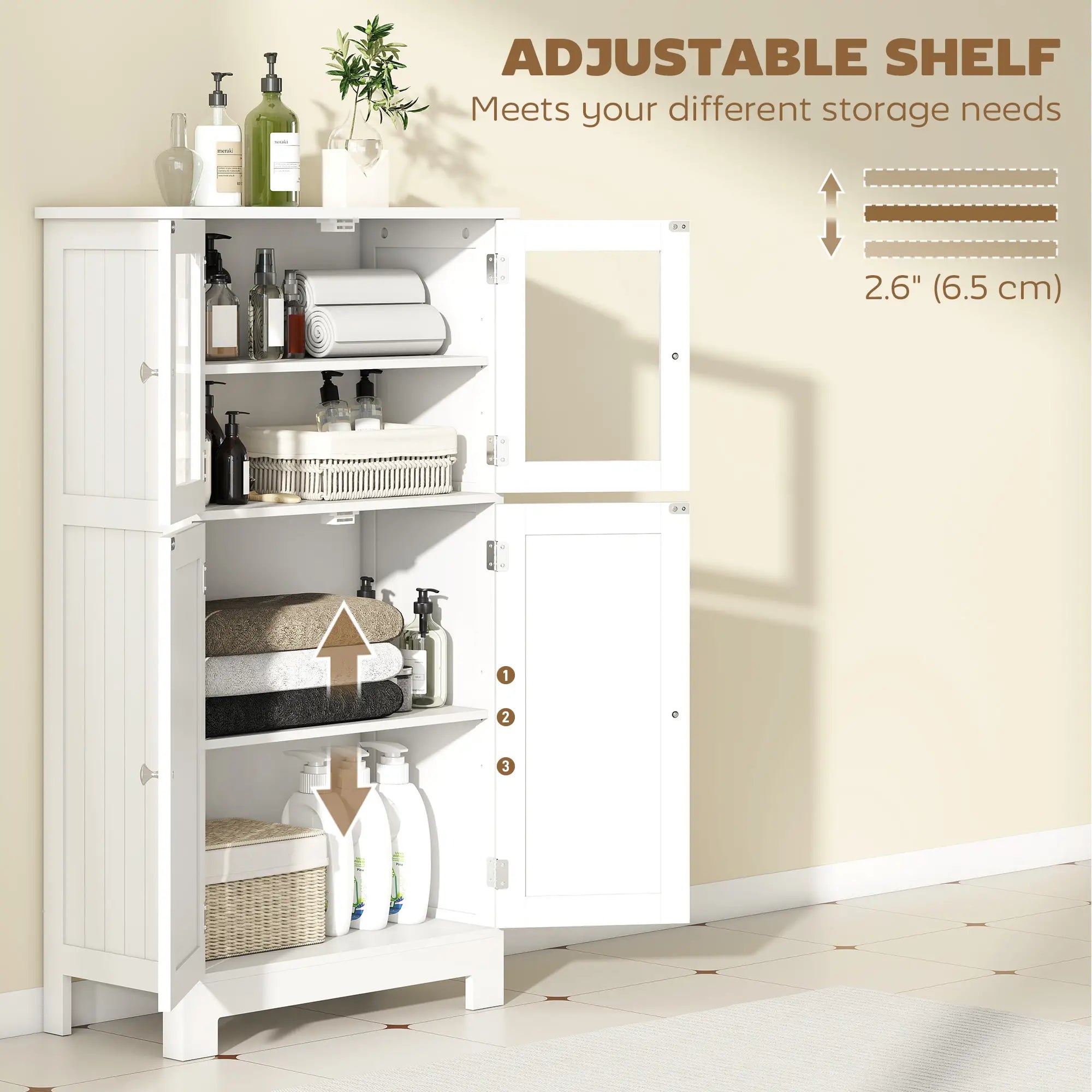 Bathroom Floor Storage Cabinet, Tempered Glass Doors, Adjustable Shelf, White Bathroom Cabinets at Gallery Canada