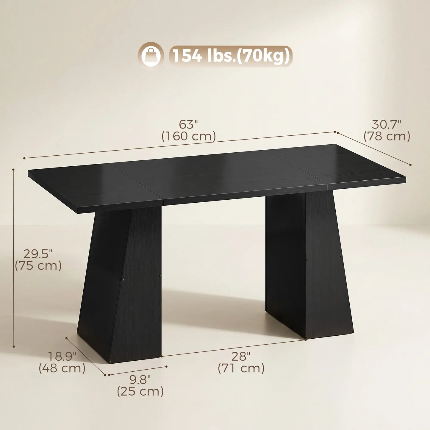 Bureau d'ordinateur de 63 pouces, cadre trapézoïdal, grain de bois noir clair, noir clair