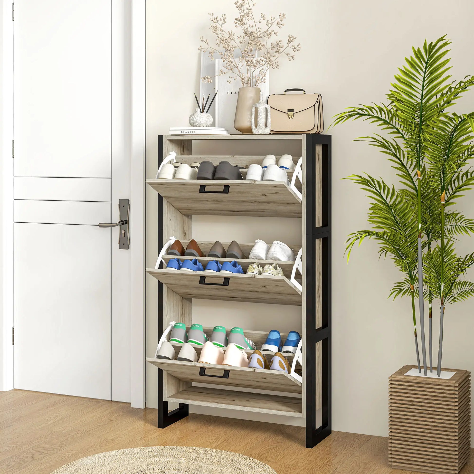 Shoe Cabinet, 3 Flip Drawer, Narrow for 15 Pairs, Walnut Shoe Storage Cabinets & Racks at Gallery Canada