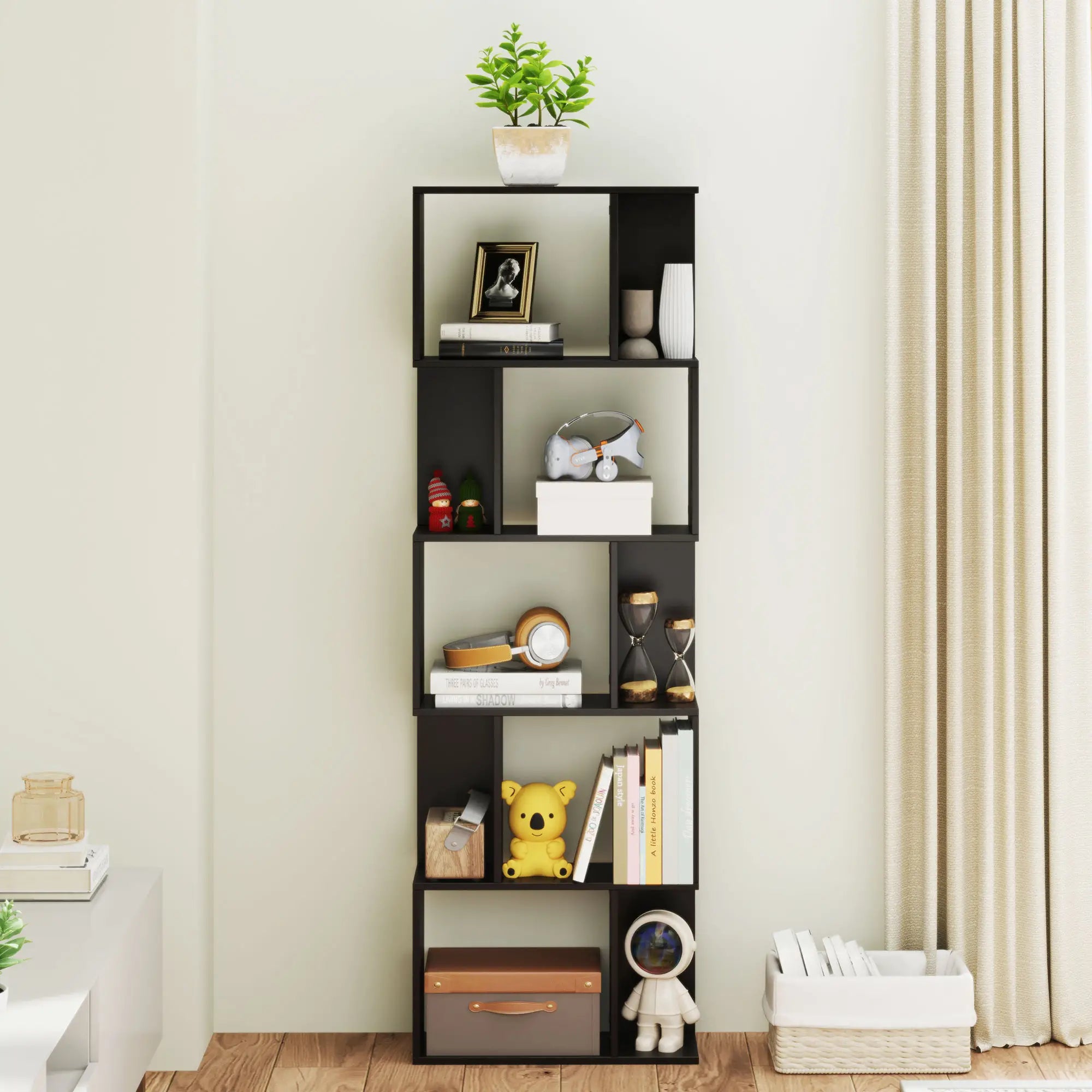 5-Tier Geometric Bookshelf, S Shaped Bookcase, Black Display Bookshelves at Gallery Canada