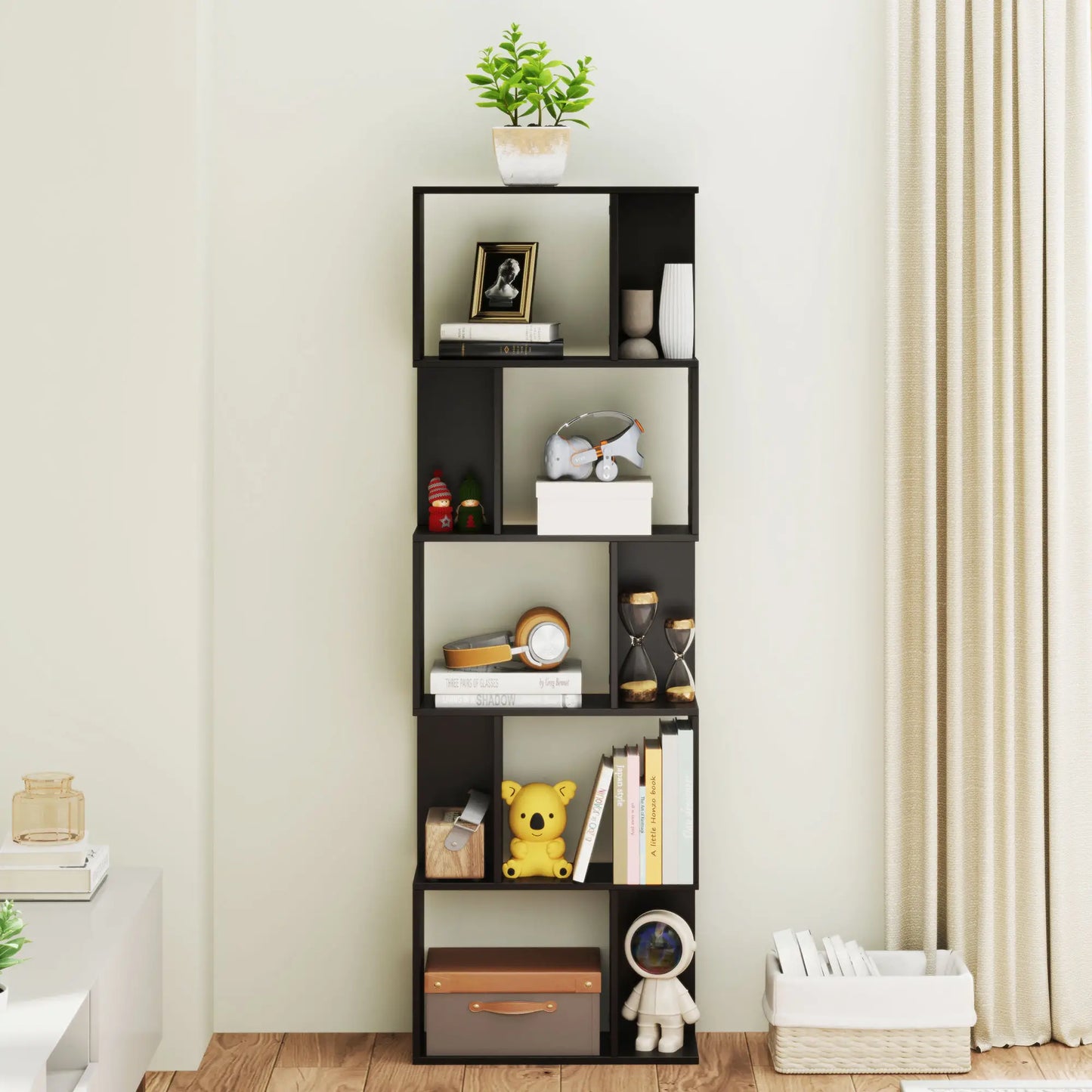 5-Tier Geometric Bookshelf, S Shaped Bookcase, Black Display Bookshelves at Gallery Canada