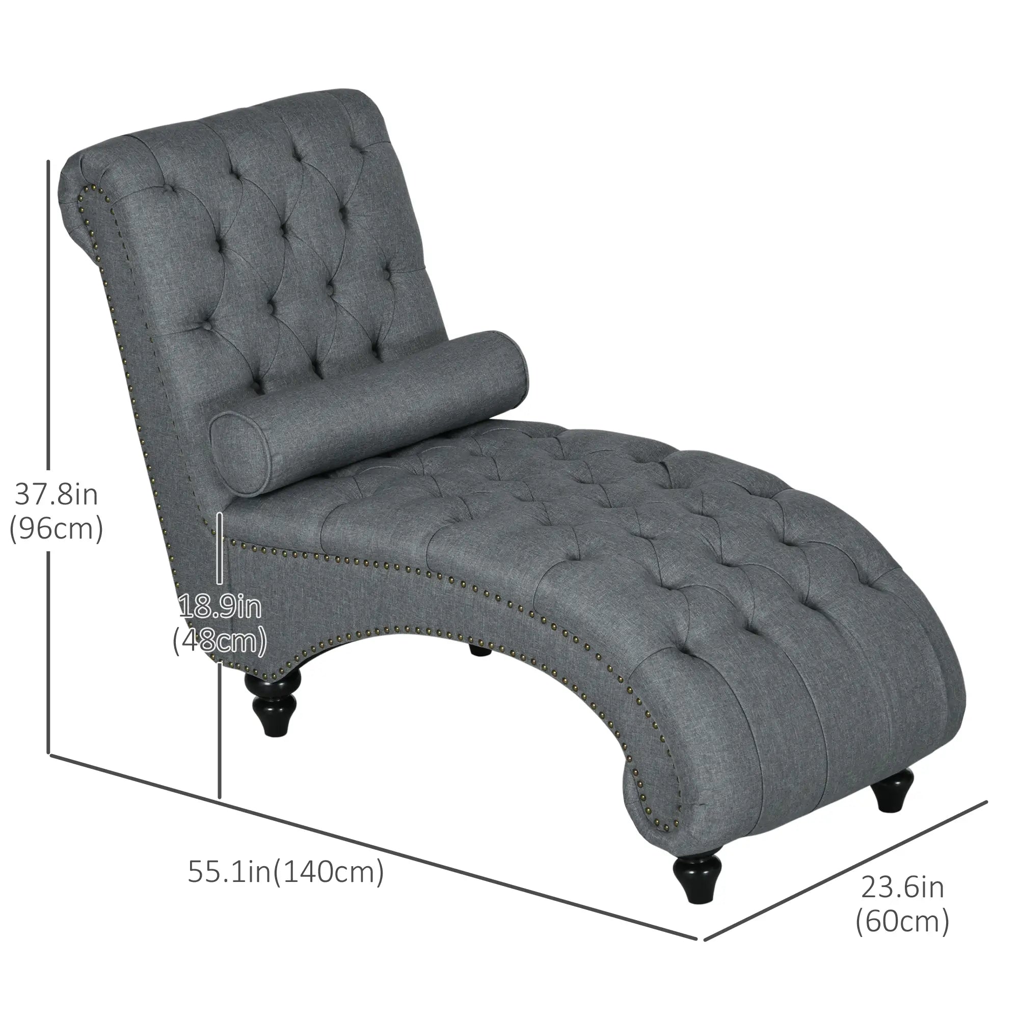 Button Tufted Chaise Lounge Chair, Upholstered with Bolster Pillow, Wood Legs, Nailhead Trim, Grey Single Sofas at Gallery Canada