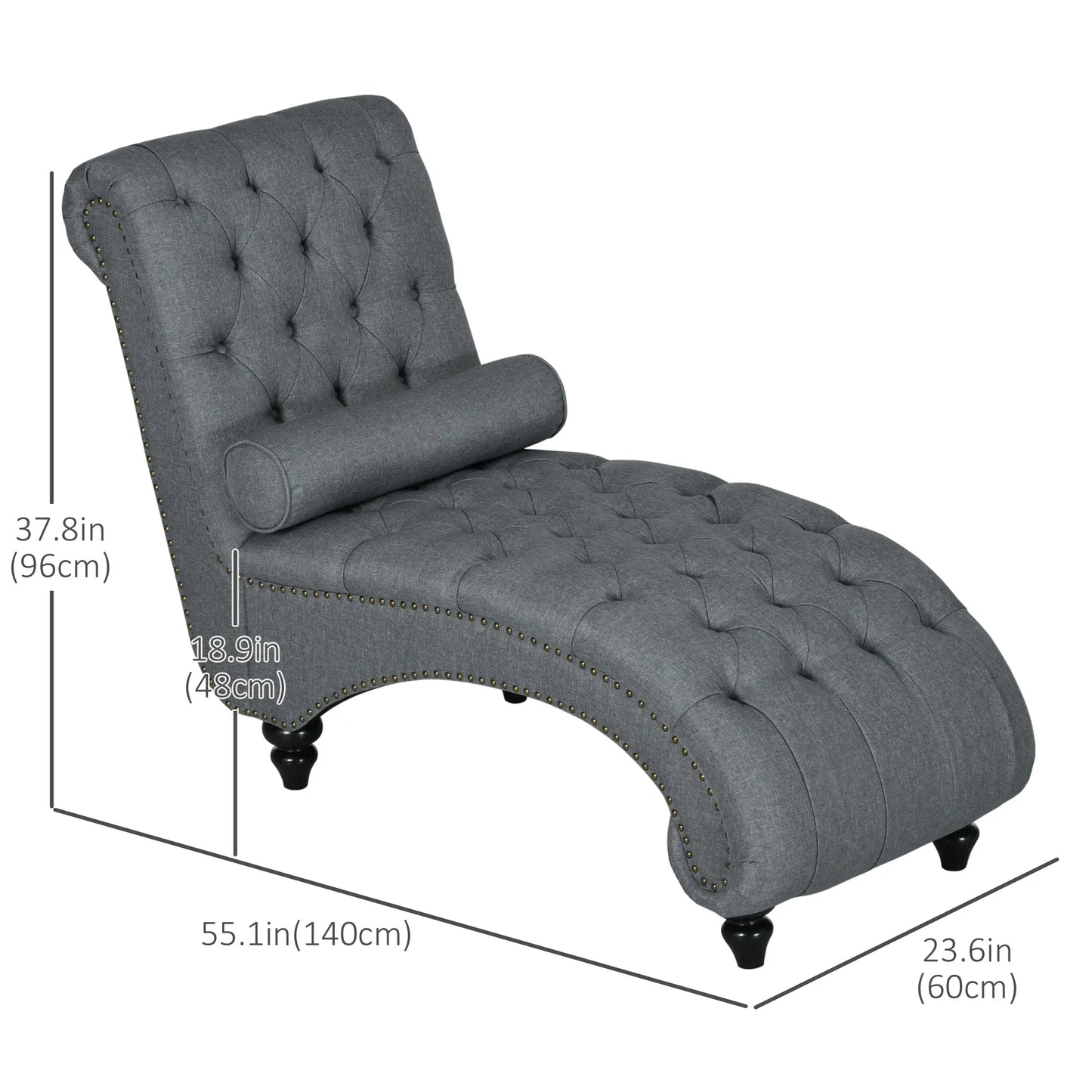 Button Tufted Chaise Lounge Chair, Upholstered with Bolster Pillow, Wood Legs, Nailhead Trim, Grey Single Sofas at Gallery Canada