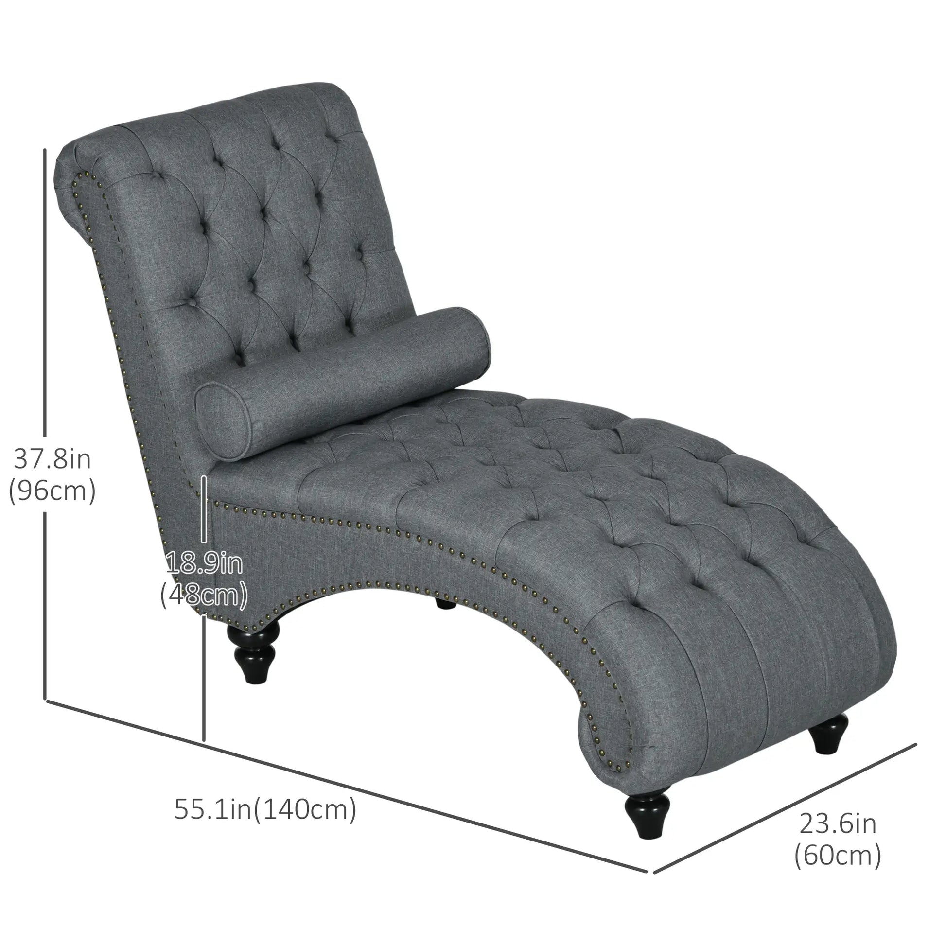 Button Tufted Chaise Lounge Chair, Upholstered with Bolster Pillow, Wood Legs, Nailhead Trim, Grey Single Sofas at Gallery Canada